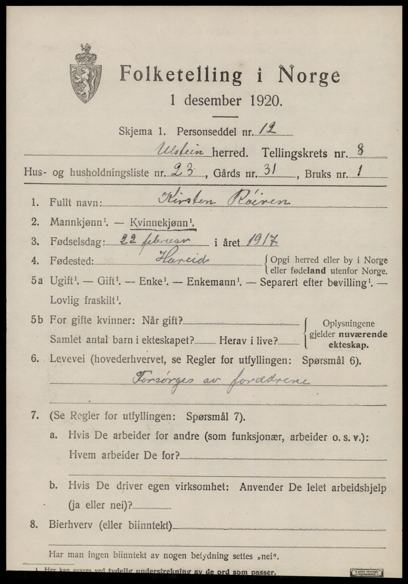 SAT, 1920 census for Ulstein, 1920, p. 4974