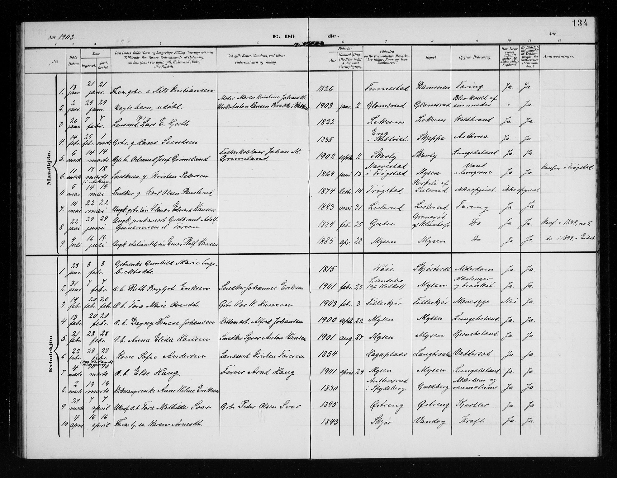 Eidsberg prestekontor Kirkebøker, AV/SAO-A-10905/G/Ga/L0002: Parish register (copy) no. I 2, 1903-1913, p. 134