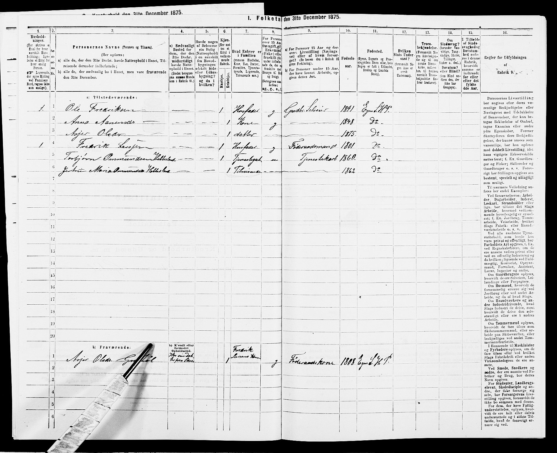 SAK, 1875 census for 1034P Hægebostad, 1875, p. 495