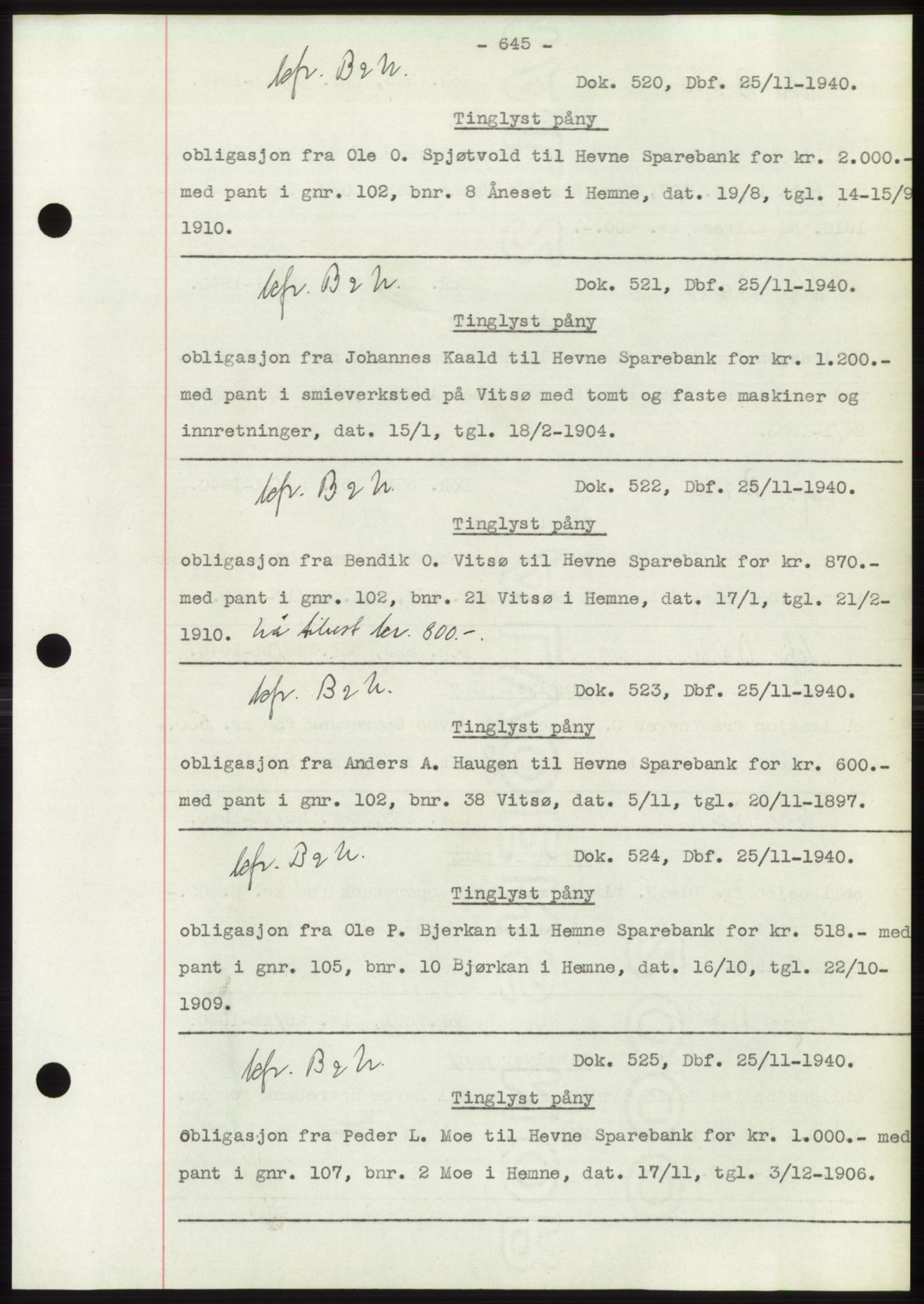 Hitra sorenskriveri, AV/SAT-A-0018/2/2C/2Ca: Mortgage book no. C1, 1936-1945, Diary no: : 520/1940