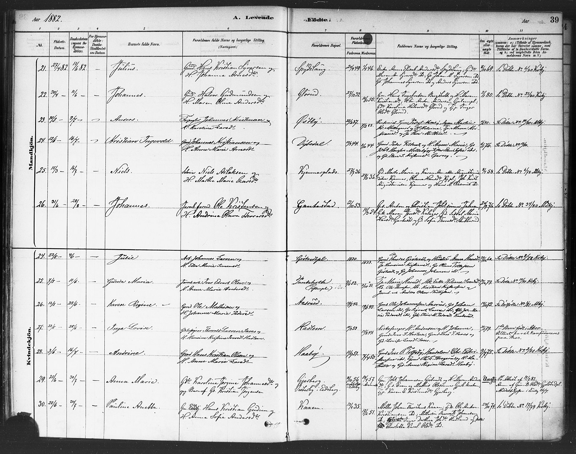 Rakkestad prestekontor Kirkebøker, AV/SAO-A-2008/F/Fa/L0012: Parish register (official) no. I 12, 1878-1893, p. 39