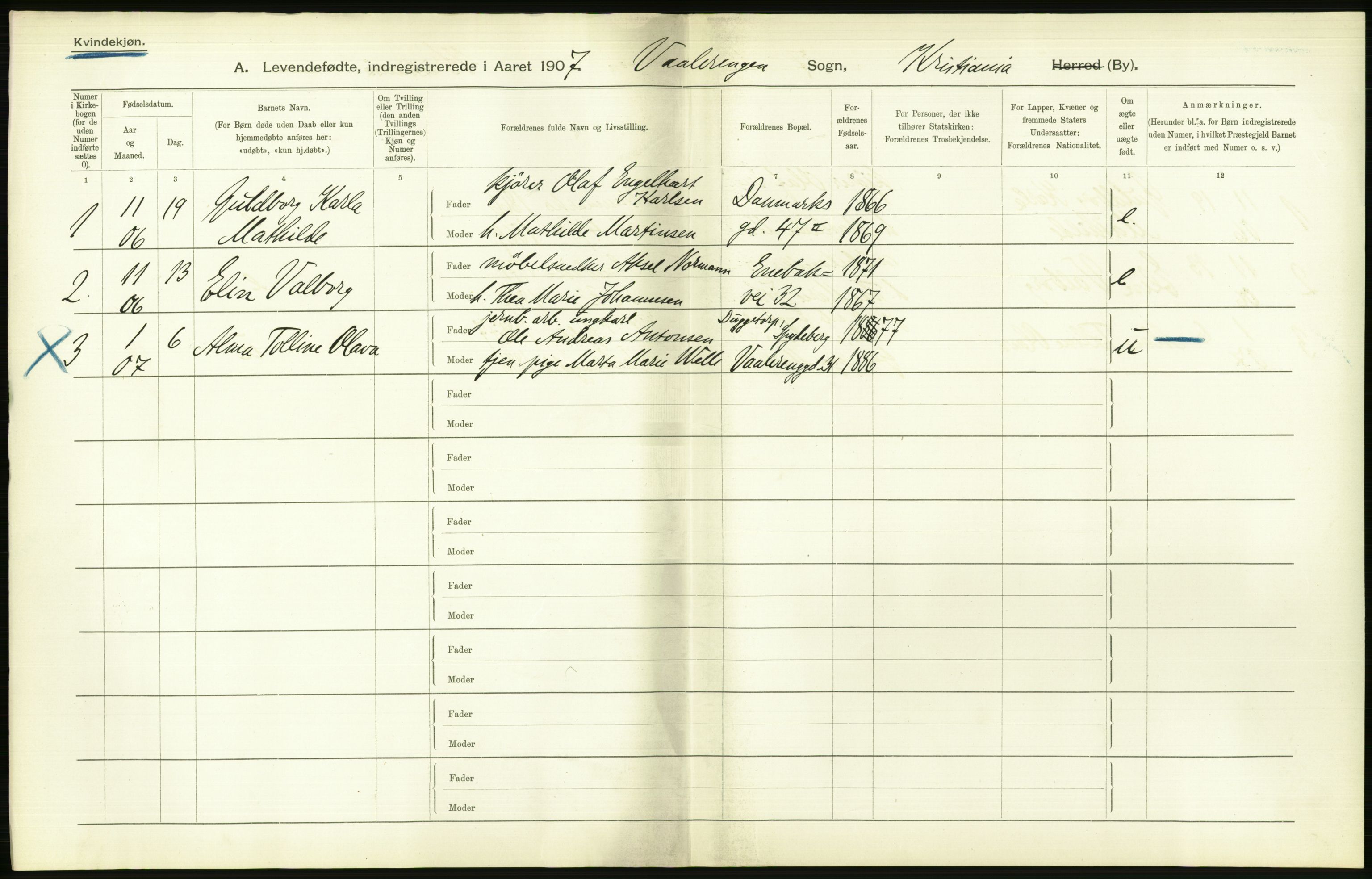 Statistisk sentralbyrå, Sosiodemografiske emner, Befolkning, AV/RA-S-2228/D/Df/Dfa/Dfae/L0007: Kristiania: Levendefødte menn og kvinner., 1907, p. 580