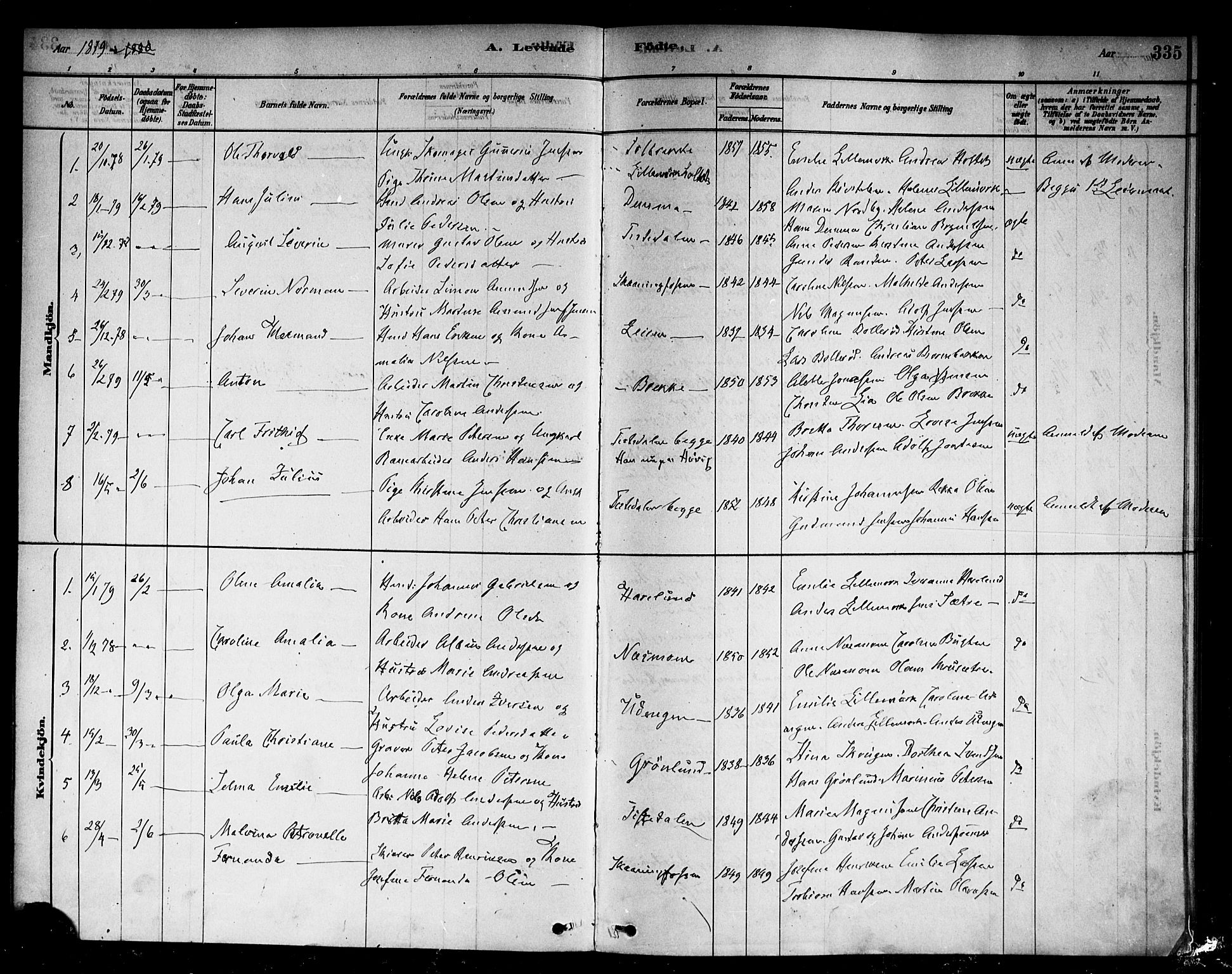 Berg prestekontor Kirkebøker, AV/SAO-A-10902/F/Fb/L0001: Parish register (official) no. II 1, 1878-1887, p. 335