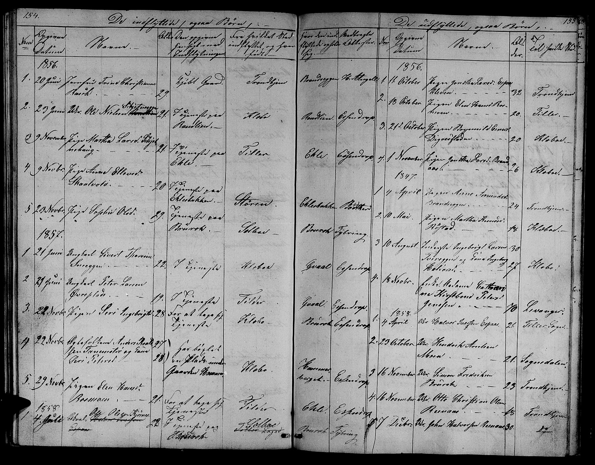 Ministerialprotokoller, klokkerbøker og fødselsregistre - Sør-Trøndelag, SAT/A-1456/608/L0339: Parish register (copy) no. 608C05, 1844-1863, p. 154-155
