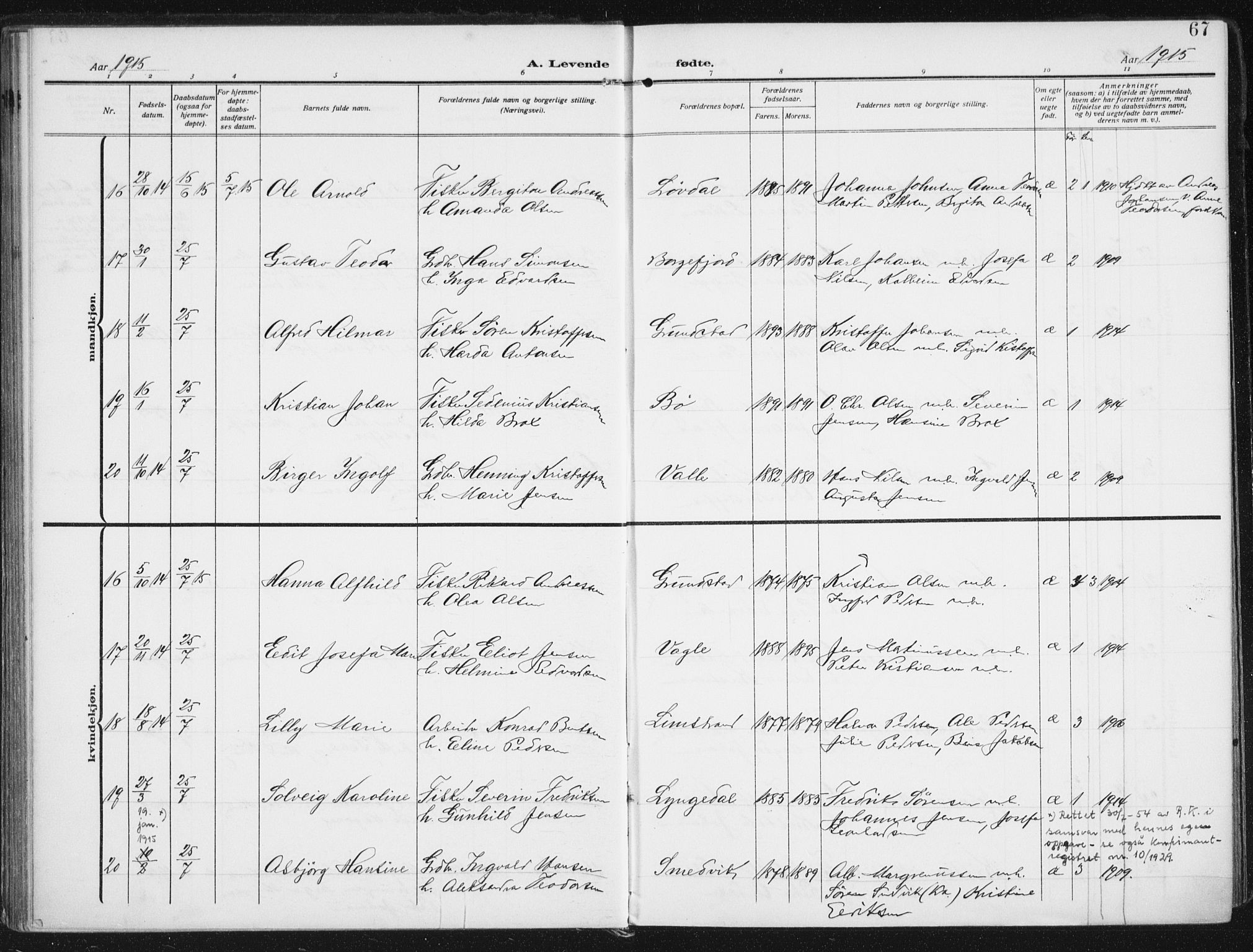 Ministerialprotokoller, klokkerbøker og fødselsregistre - Nordland, AV/SAT-A-1459/880/L1135: Parish register (official) no. 880A09, 1908-1919, p. 67