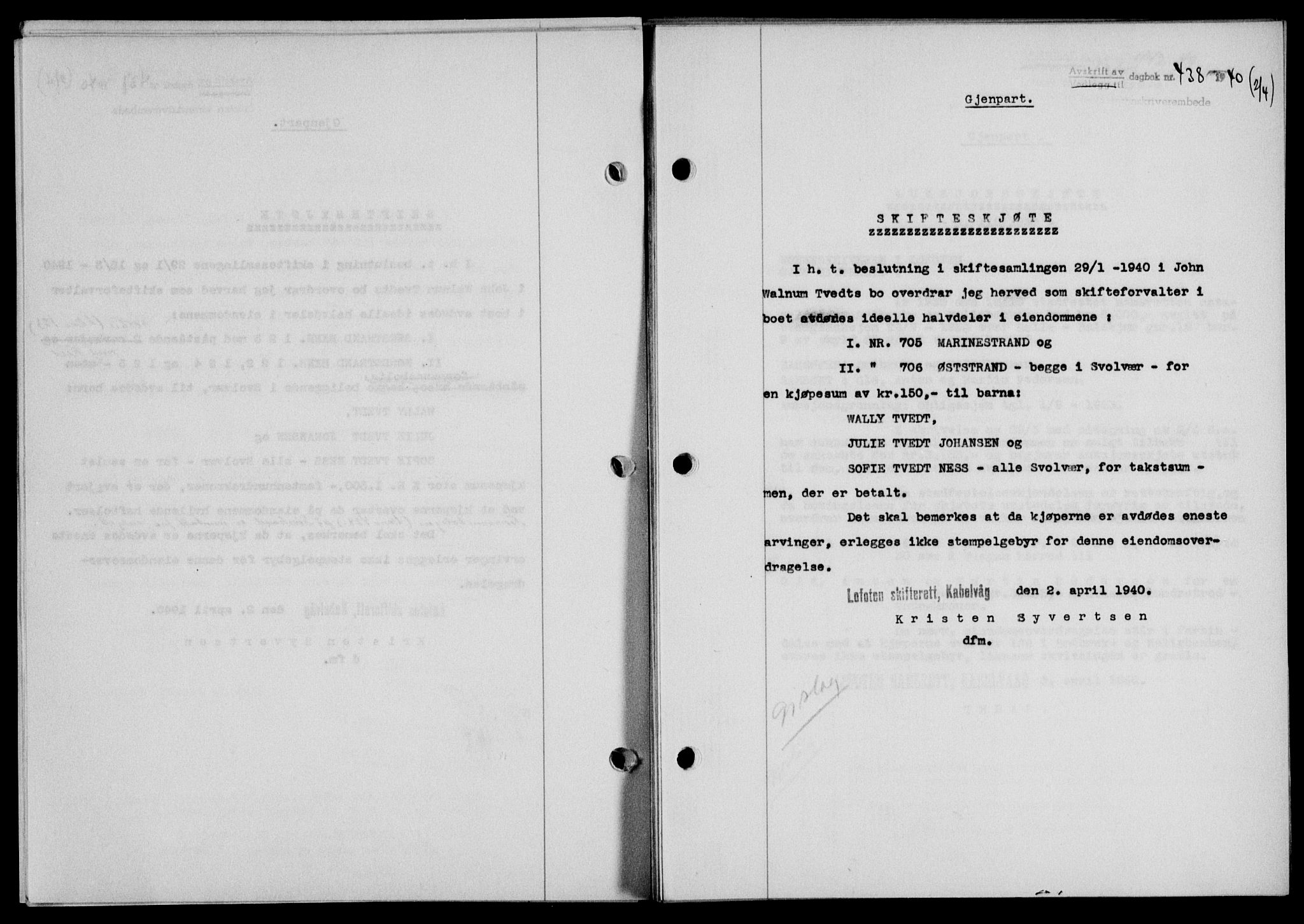 Lofoten sorenskriveri, SAT/A-0017/1/2/2C/L0007a: Mortgage book no. 7a, 1939-1940, Diary no: : 438/1940