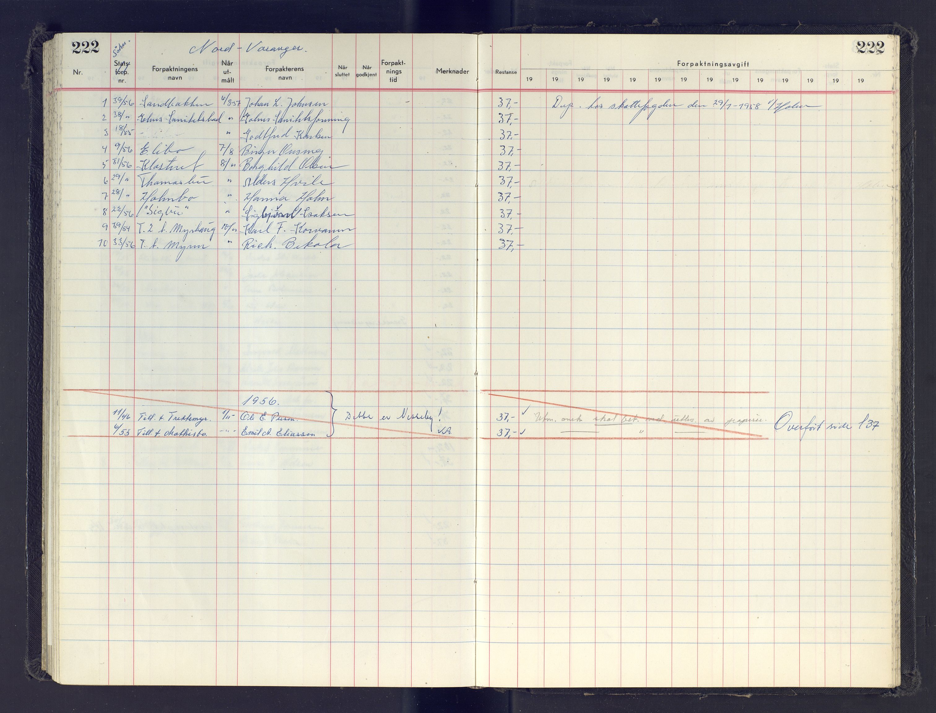 Finnmark jordsalgskommisjon/jordsalgskontor og Statskog SF Finnmark jordsalgskontor, AV/SATØ-S-1443/J/Jb/L0001: Protokoll for salg og forpaktning, 1948-1958, p. 222