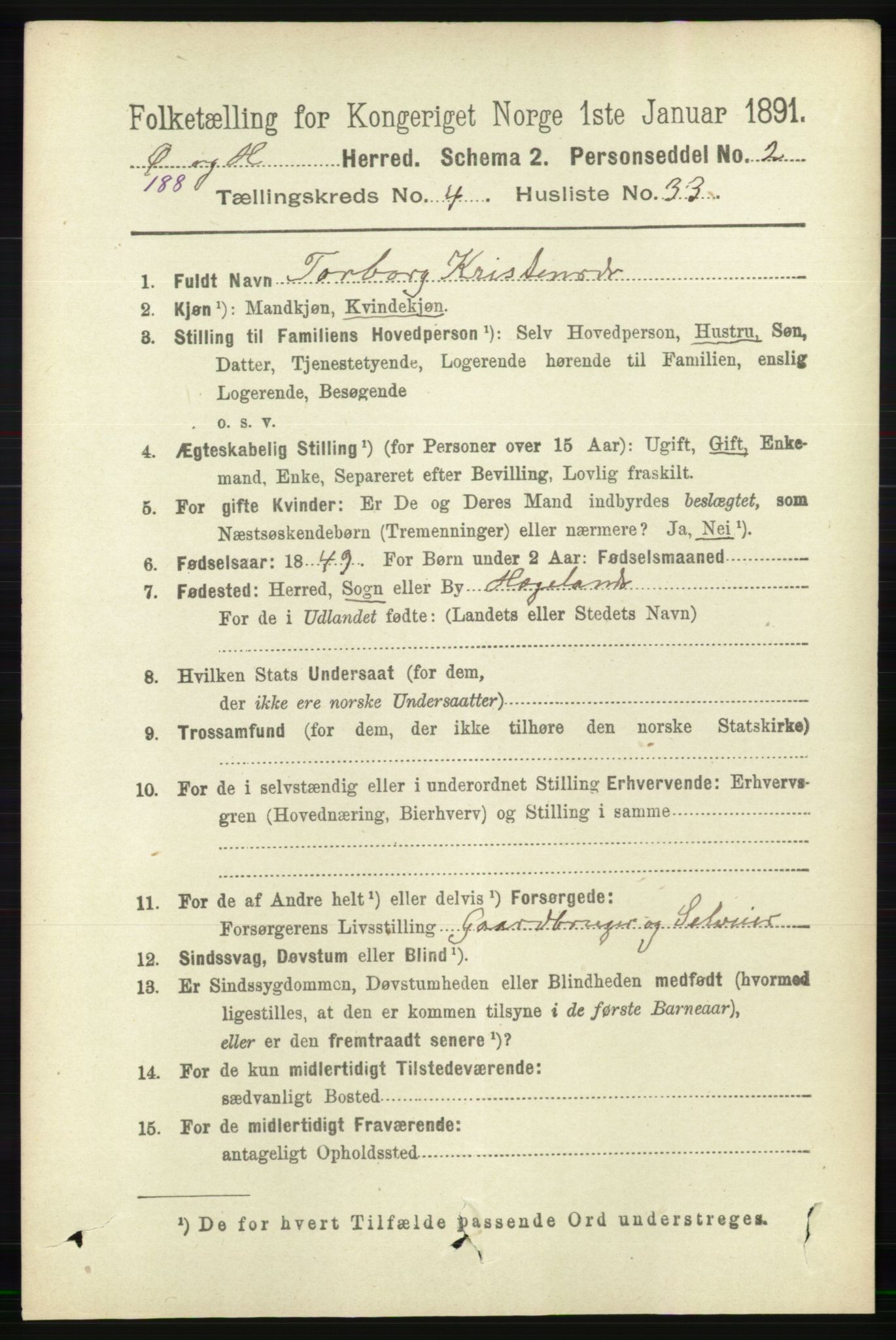 RA, 1891 census for 1016 Øvrebø og Hægeland, 1891, p. 896