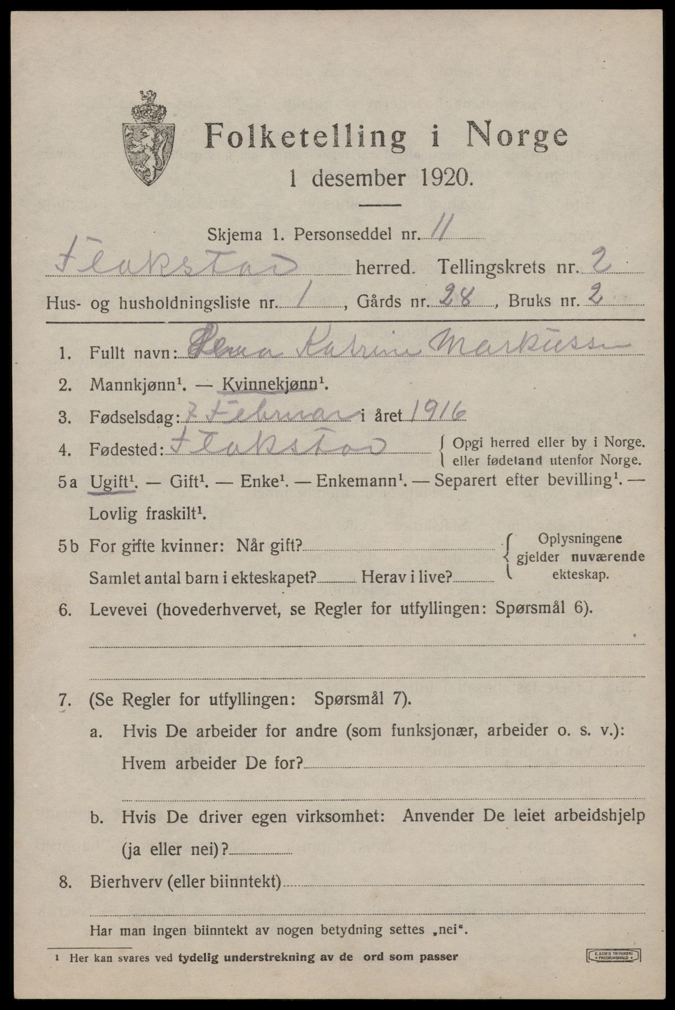 SAT, 1920 census for Flakstad, 1920, p. 1237