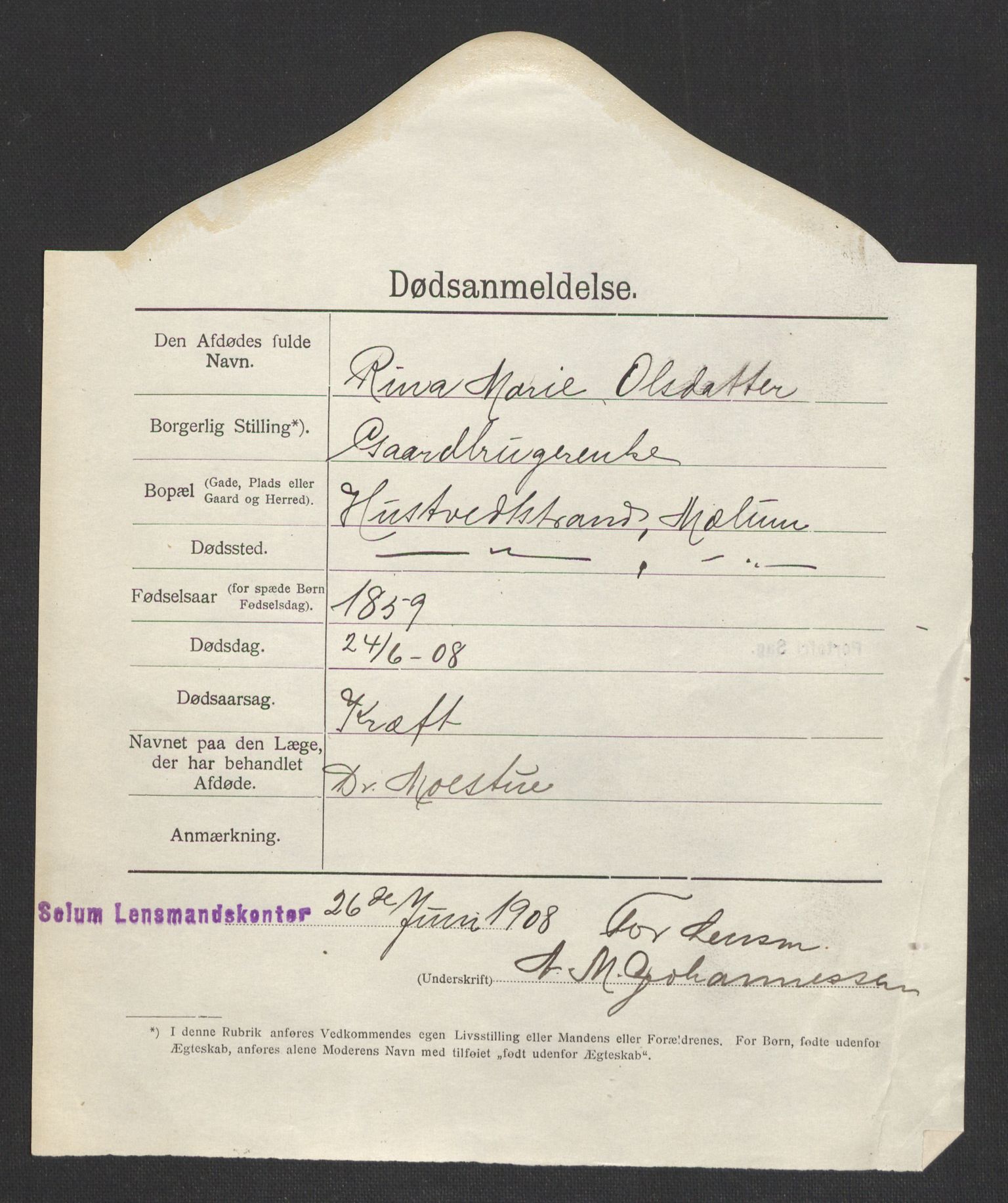 Solum lensmannskontor, SAKO/A-575/H/Ha/L0002: Dødsanmeldelsesprotokoll, 1909-1916