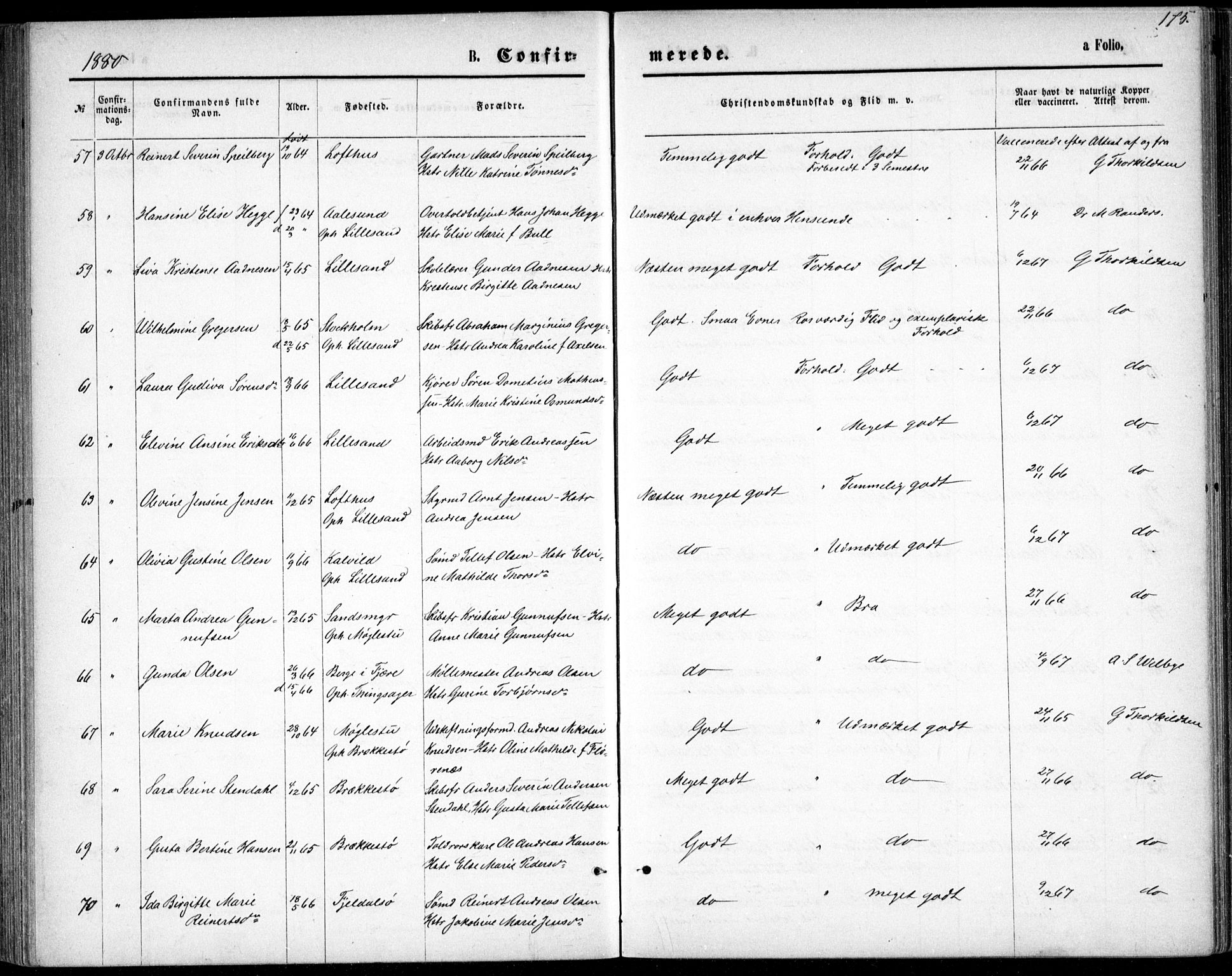 Vestre Moland sokneprestkontor, SAK/1111-0046/F/Fb/Fbb/L0005: Parish register (copy) no. B 5, 1872-1883, p. 175