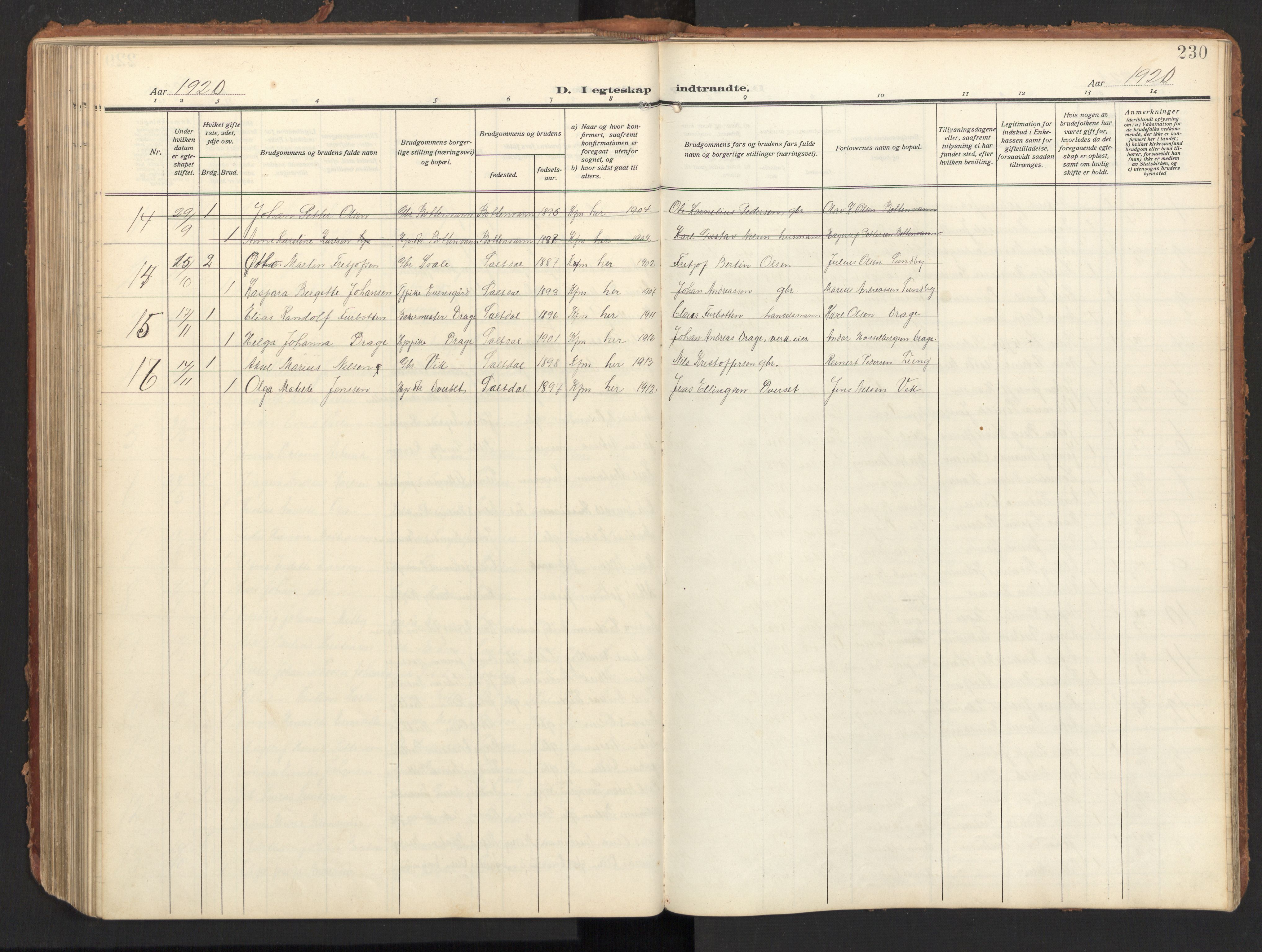 Ministerialprotokoller, klokkerbøker og fødselsregistre - Nordland, AV/SAT-A-1459/847/L0683: Parish register (copy) no. 847C11, 1908-1929, p. 230