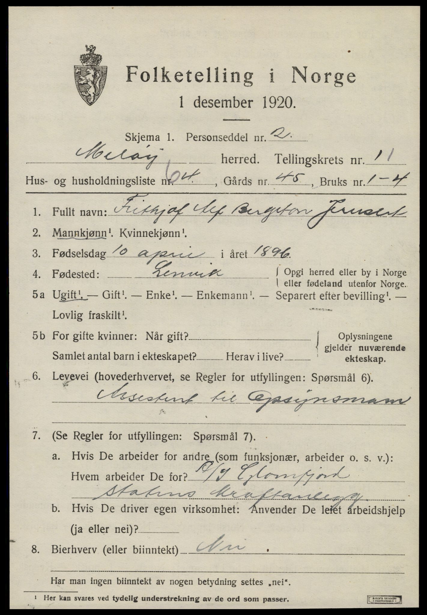 SAT, 1920 census for Meløy, 1920, p. 6837