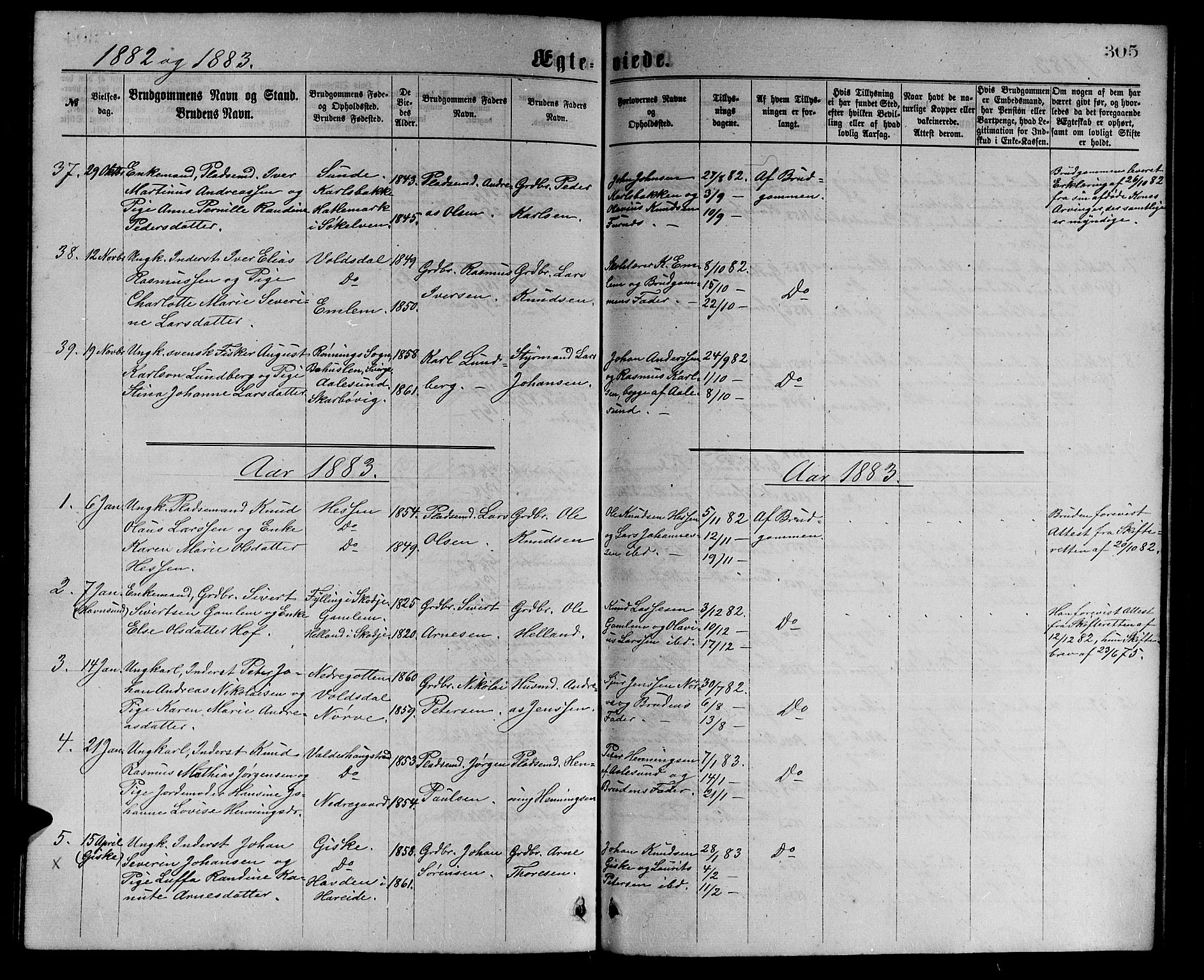 Ministerialprotokoller, klokkerbøker og fødselsregistre - Møre og Romsdal, AV/SAT-A-1454/528/L0429: Parish register (copy) no. 528C10, 1872-1886, p. 305