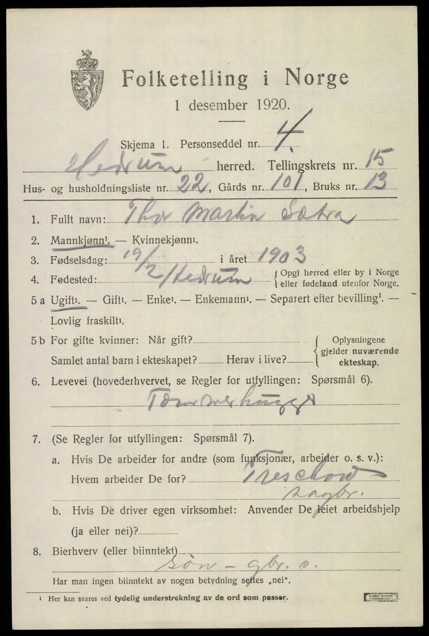 SAKO, 1920 census for Hedrum, 1920, p. 10195