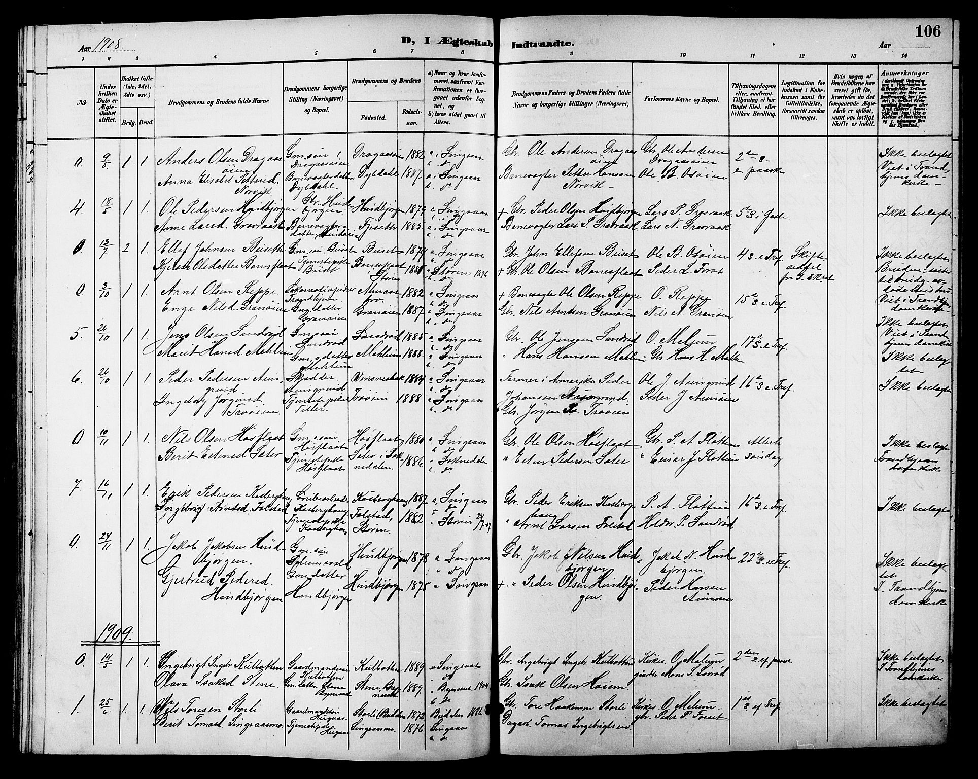 Ministerialprotokoller, klokkerbøker og fødselsregistre - Sør-Trøndelag, AV/SAT-A-1456/688/L1029: Parish register (copy) no. 688C04, 1899-1915, p. 106