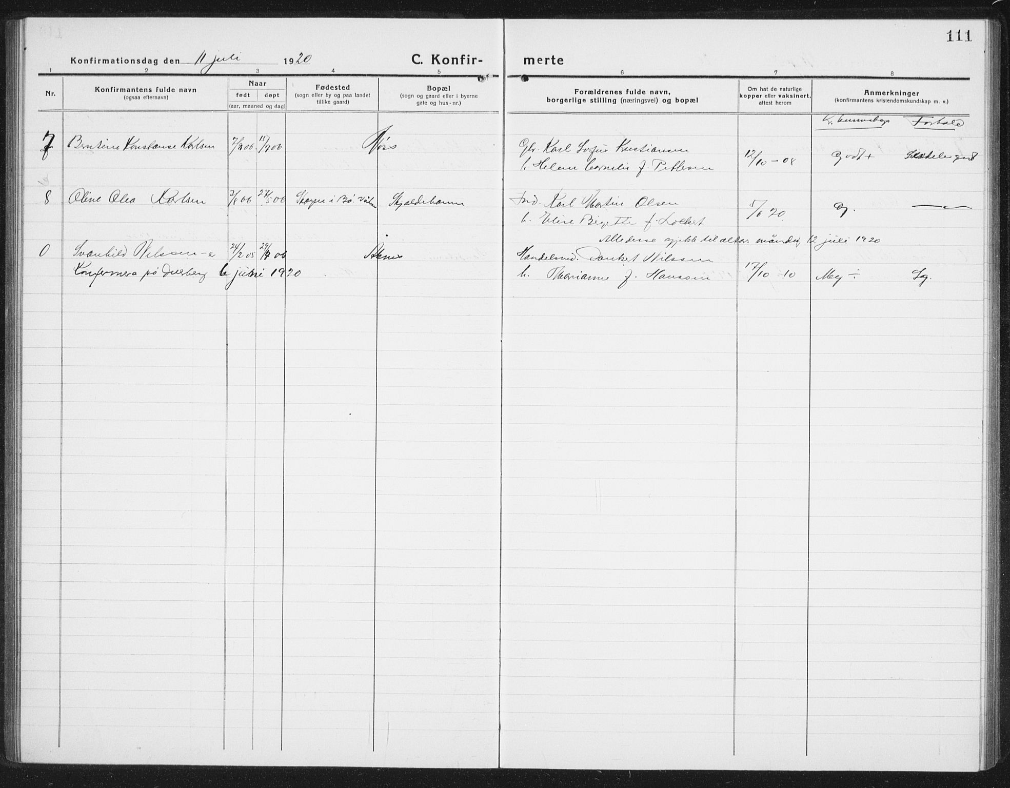 Ministerialprotokoller, klokkerbøker og fødselsregistre - Nordland, AV/SAT-A-1459/898/L1428: Parish register (copy) no. 898C03, 1918-1938, p. 111