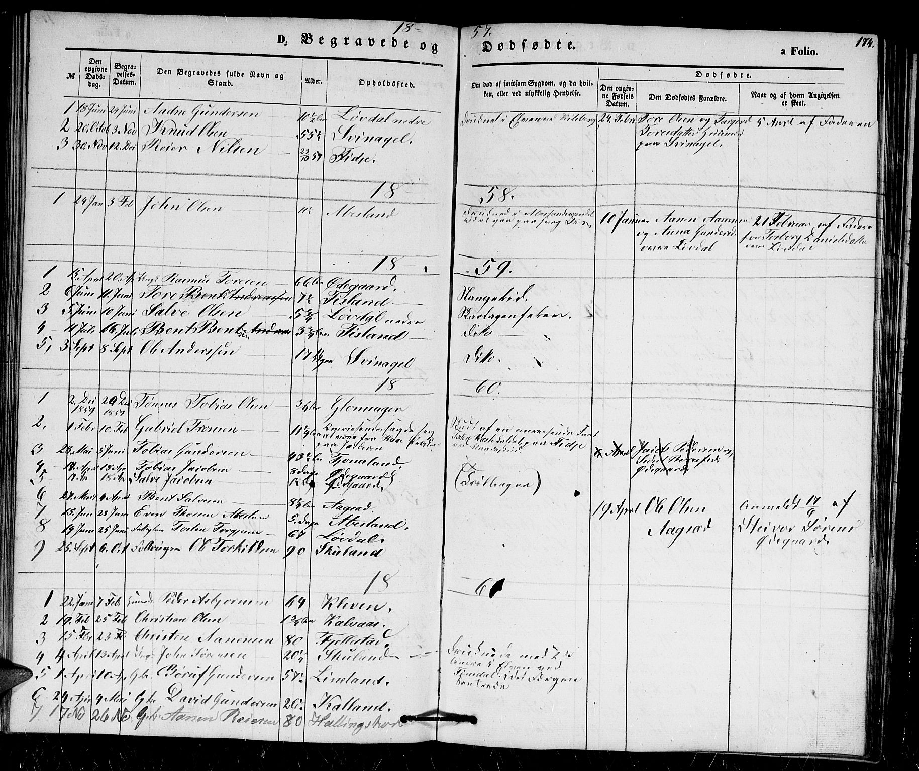 Holum sokneprestkontor, AV/SAK-1111-0022/F/Fb/Fbb/L0002: Parish register (copy) no. B 2, 1847-1874, p. 174