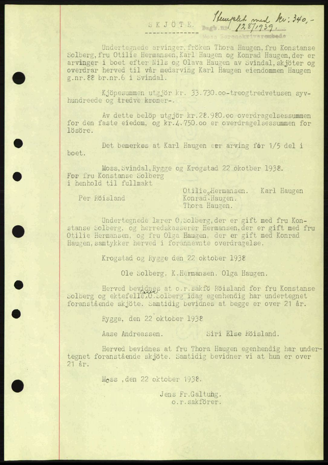 Moss sorenskriveri, SAO/A-10168: Mortgage book no. A5, 1938-1939, Diary no: : 128/1939