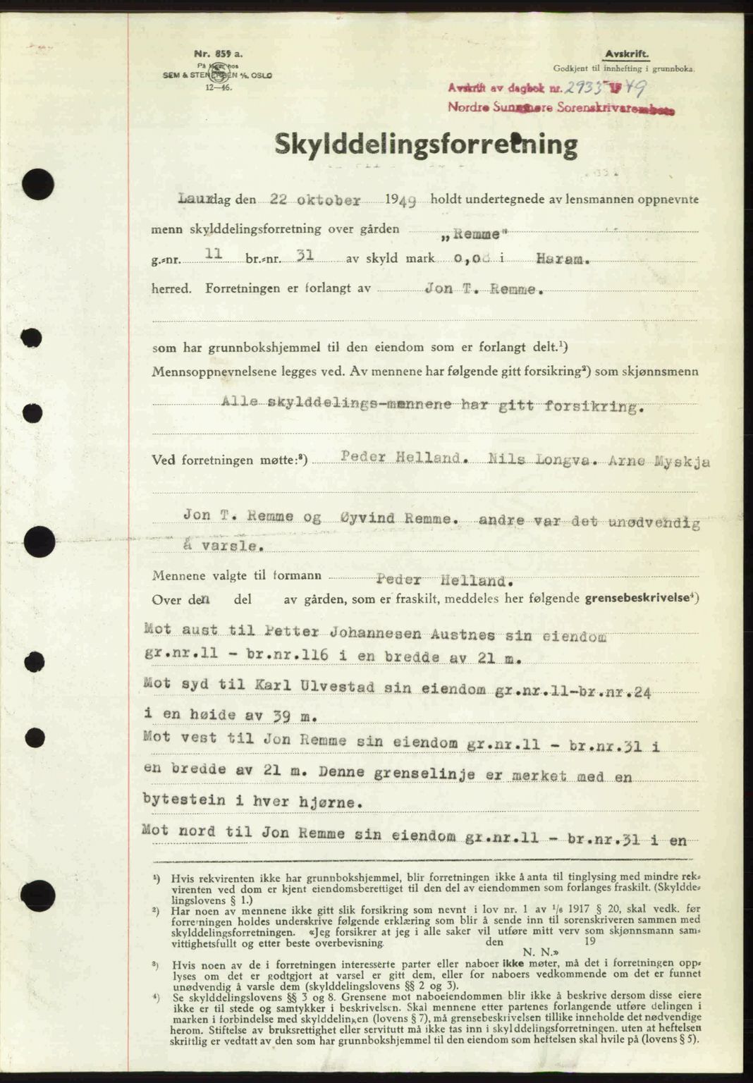 Nordre Sunnmøre sorenskriveri, AV/SAT-A-0006/1/2/2C/2Ca: Mortgage book no. A33, 1949-1950, Diary no: : 2933/1949