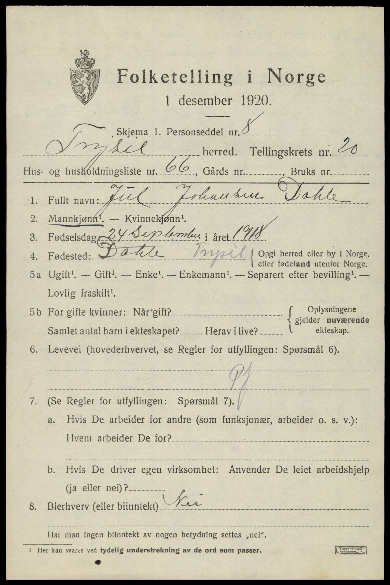 SAH, 1920 census for Trysil, 1920, p. 13759