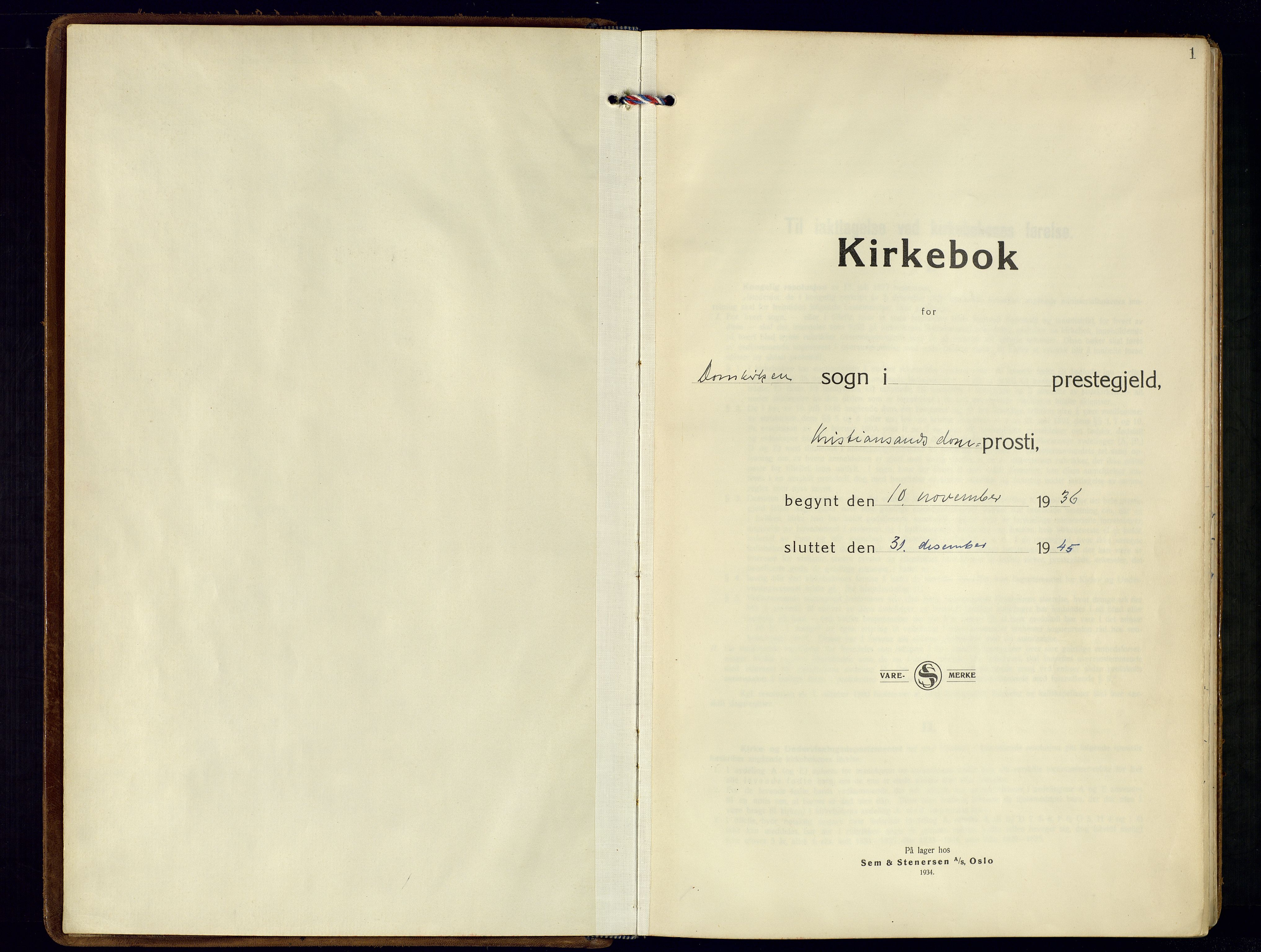 Kristiansand domprosti, SAK/1112-0006/F/Fa/L0035: Parish register (official) no. A-34, 1936-1945, p. 1