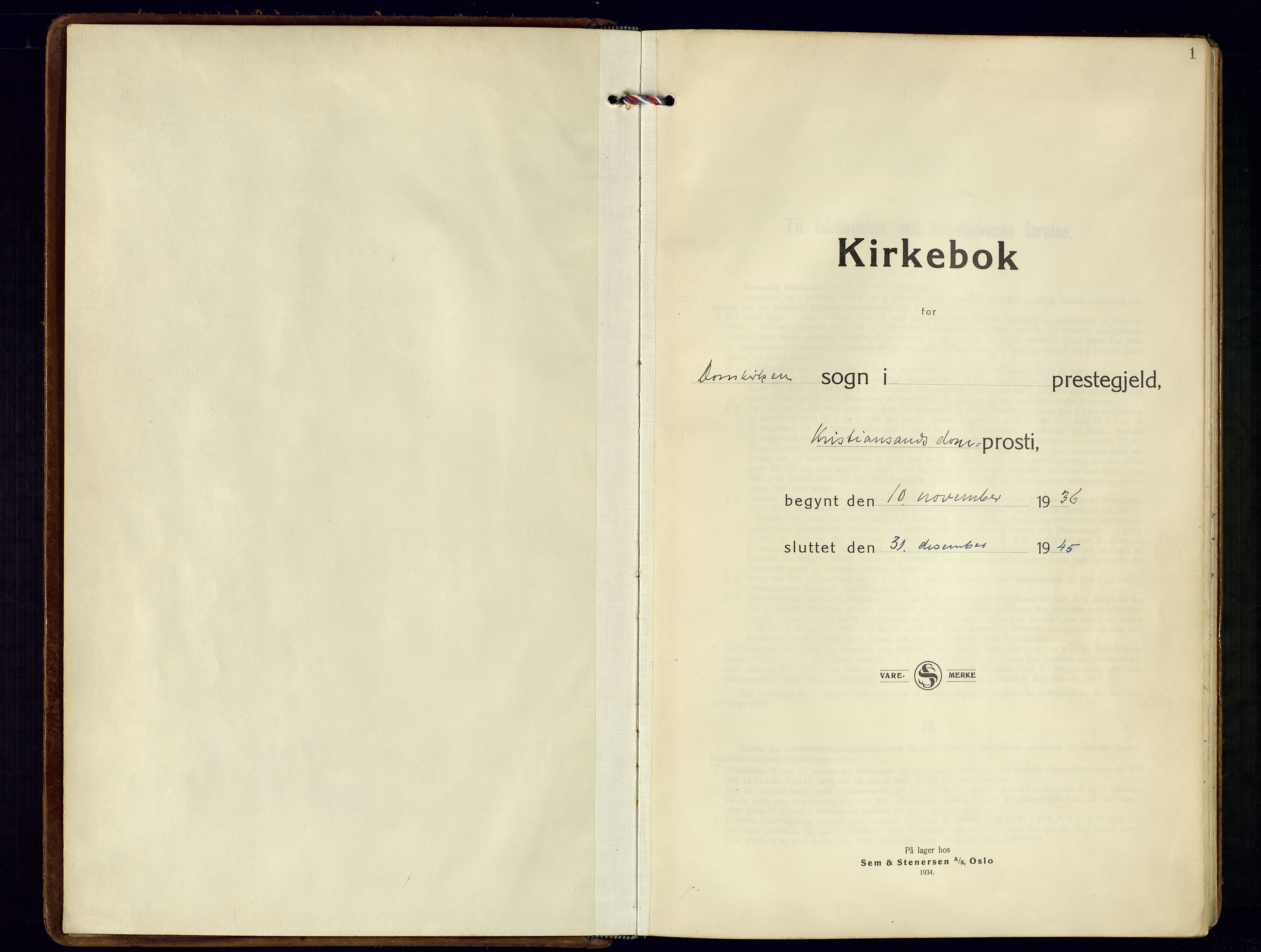 Kristiansand domprosti, AV/SAK-1112-0006/F/Fa/L0035: Parish register (official) no. A-34, 1936-1945, p. 1