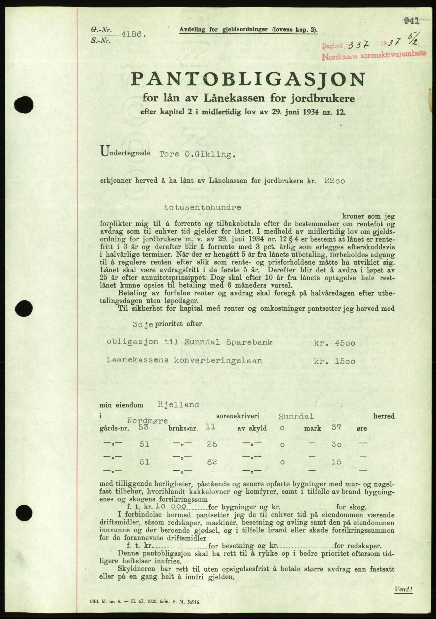 Nordmøre sorenskriveri, AV/SAT-A-4132/1/2/2Ca/L0090: Mortgage book no. B80, 1936-1937, Diary no: : 337/1937