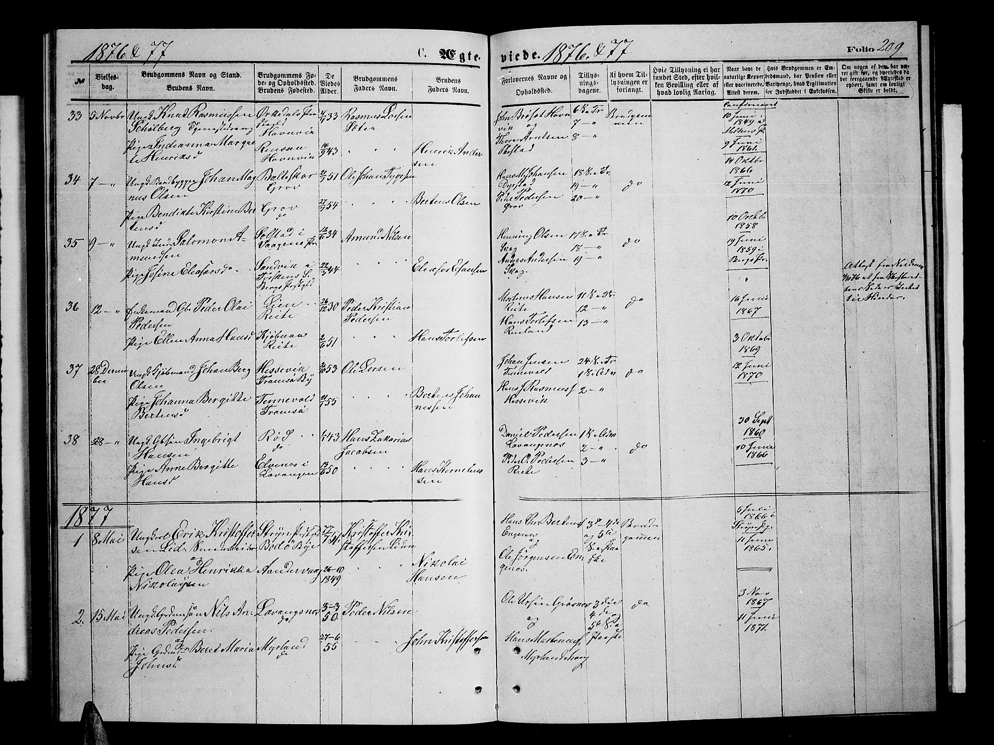 Ibestad sokneprestembete, SATØ/S-0077/H/Ha/Hab/L0006klokker: Parish register (copy) no. 6, 1871-1879, p. 209