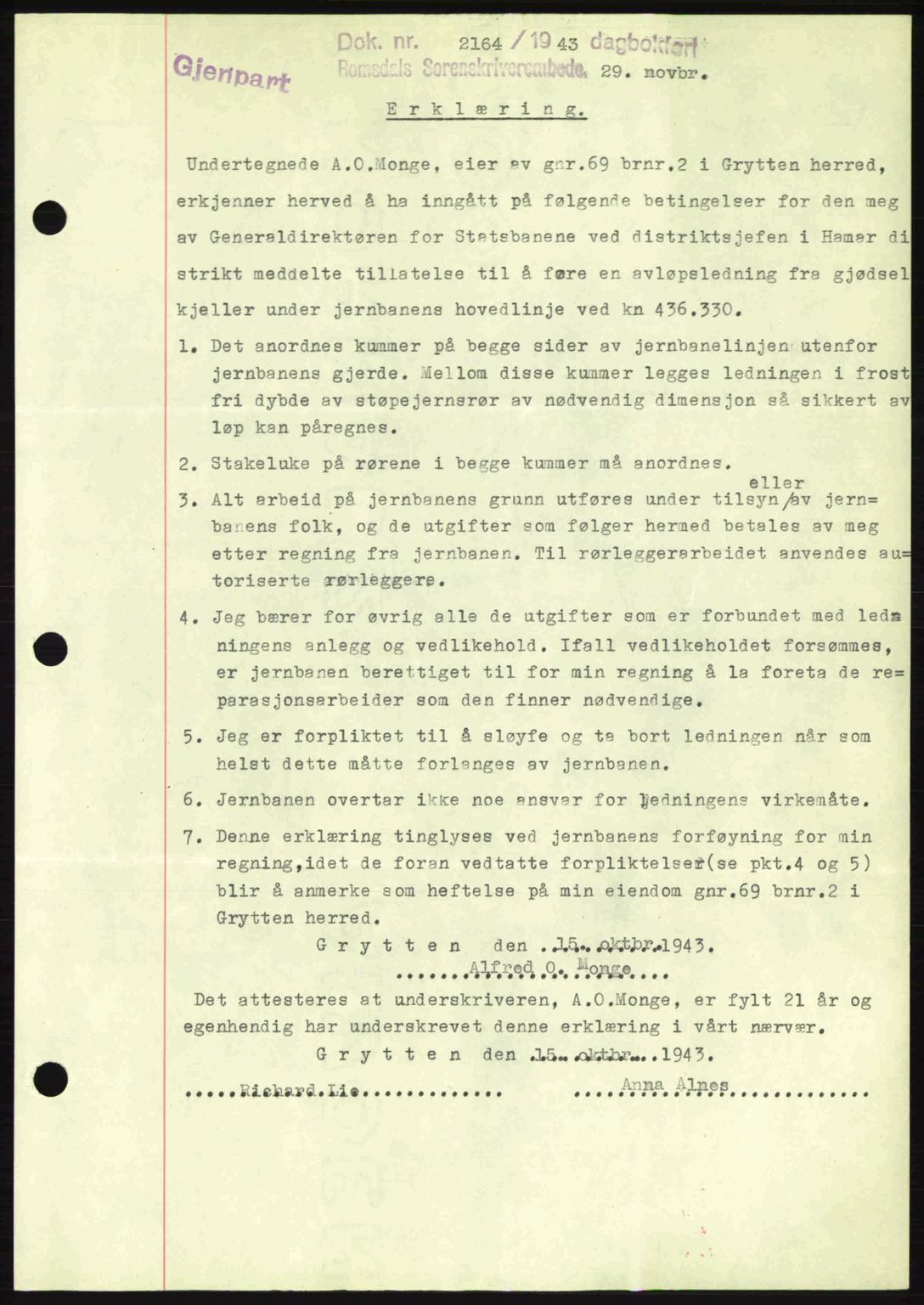 Romsdal sorenskriveri, AV/SAT-A-4149/1/2/2C: Mortgage book no. B2, 1939-1945, Diary no: : 2164/1943