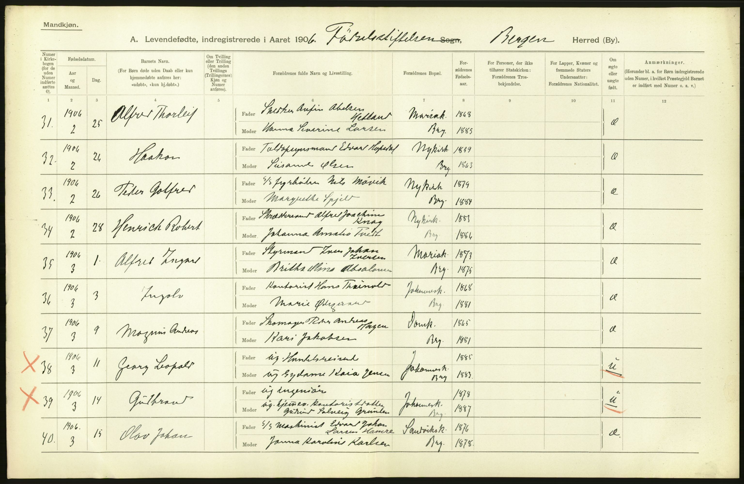 Statistisk sentralbyrå, Sosiodemografiske emner, Befolkning, AV/RA-S-2228/D/Df/Dfa/Dfad/L0031: Bergen: Levendefødte menn og kvinner., 1906, p. 30