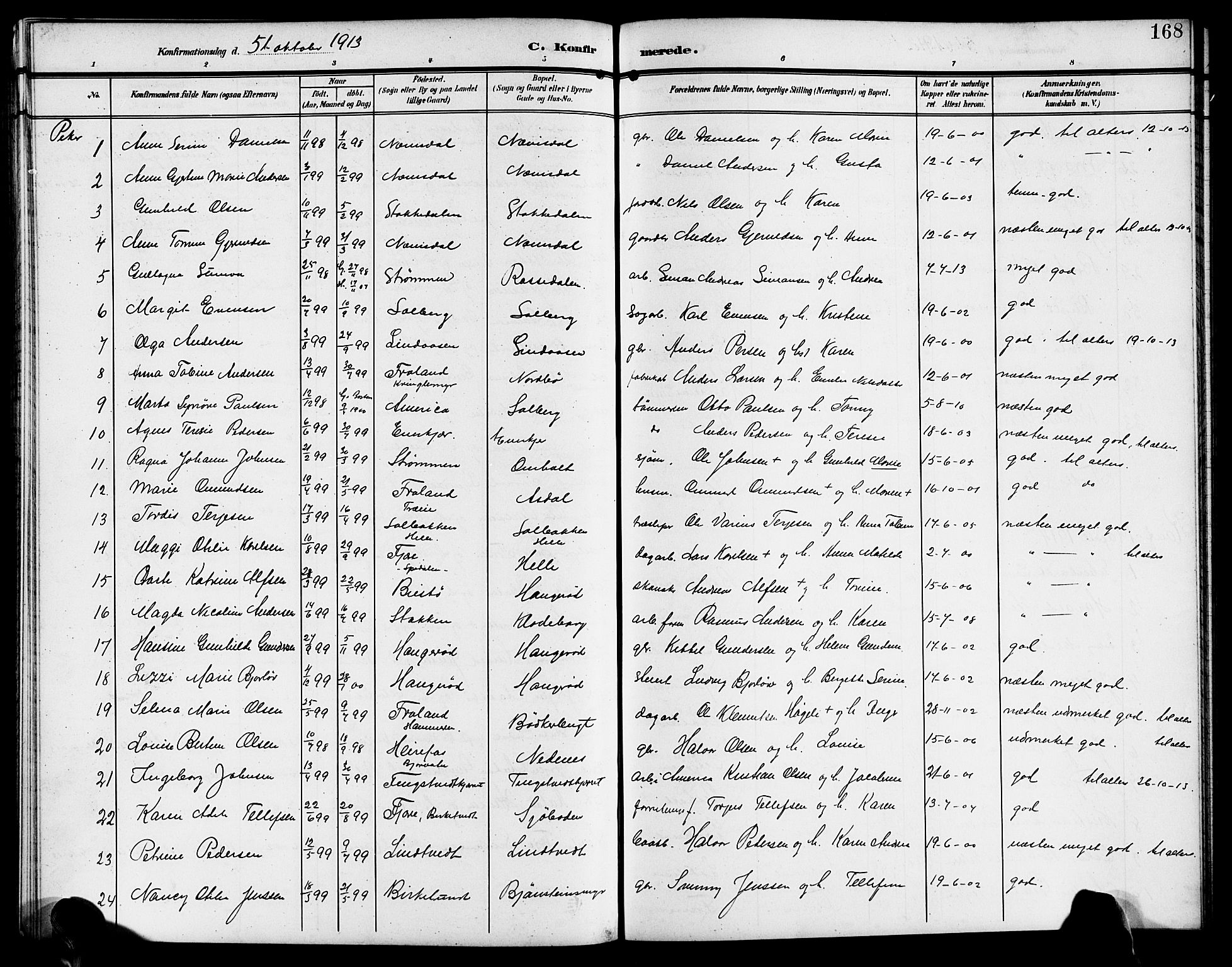 Øyestad sokneprestkontor, SAK/1111-0049/F/Fb/L0011: Parish register (copy) no. B 11, 1906-1918, p. 168