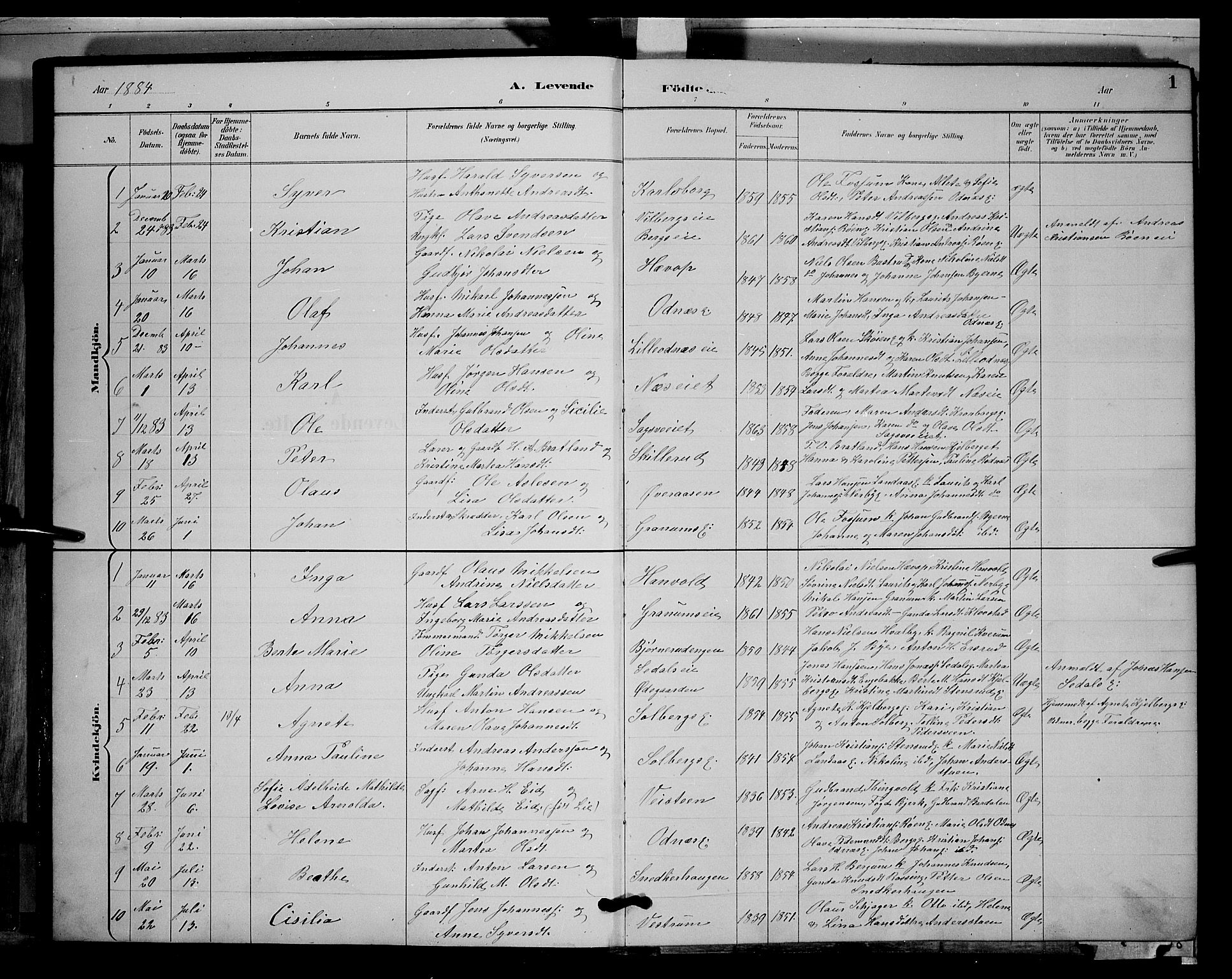 Søndre Land prestekontor, SAH/PREST-122/L/L0003: Parish register (copy) no. 3, 1884-1902, p. 1