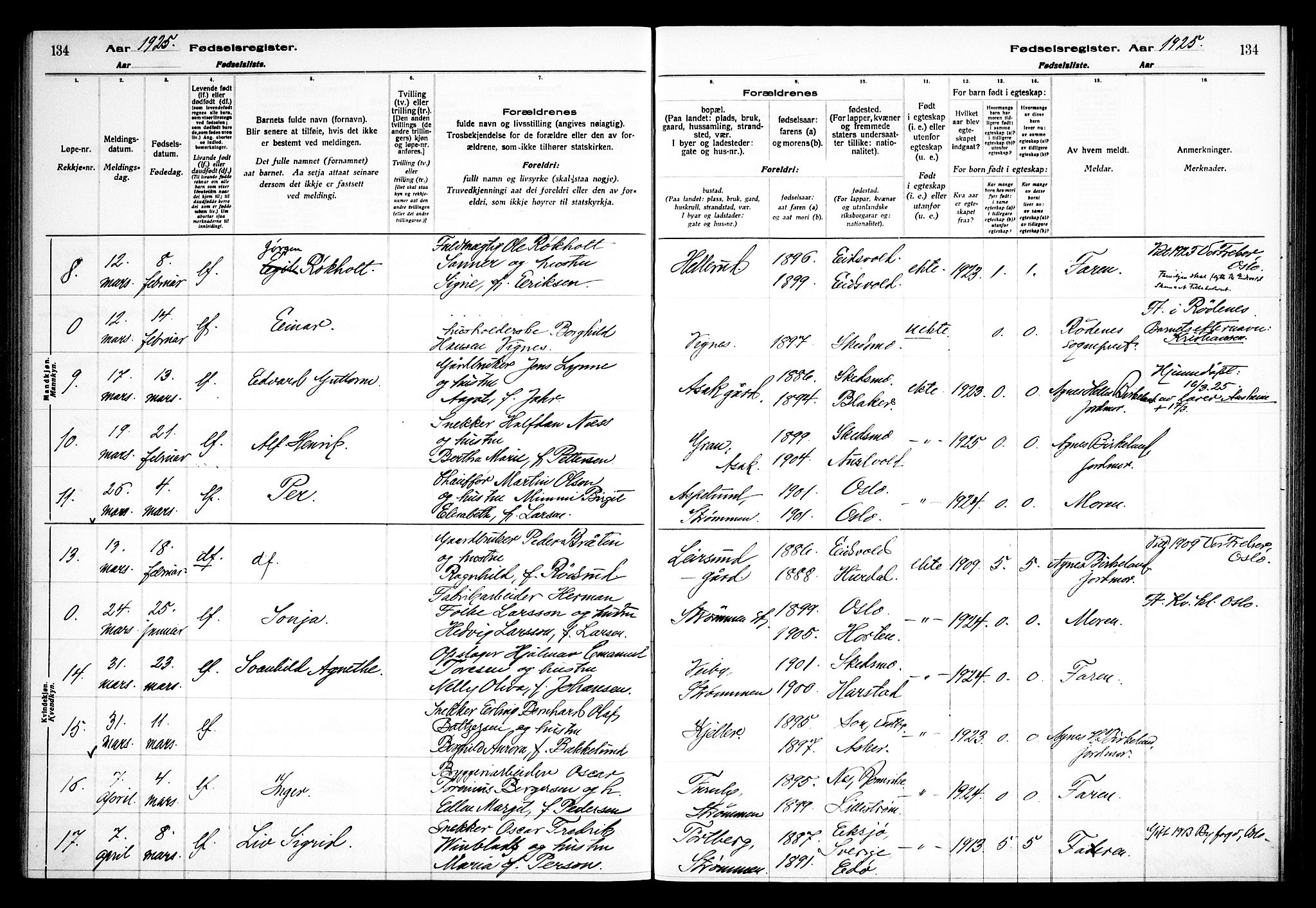 Skedsmo prestekontor Kirkebøker, AV/SAO-A-10033a/J/Ja/L0001: Birth register no. I 1, 1916-1931, p. 134