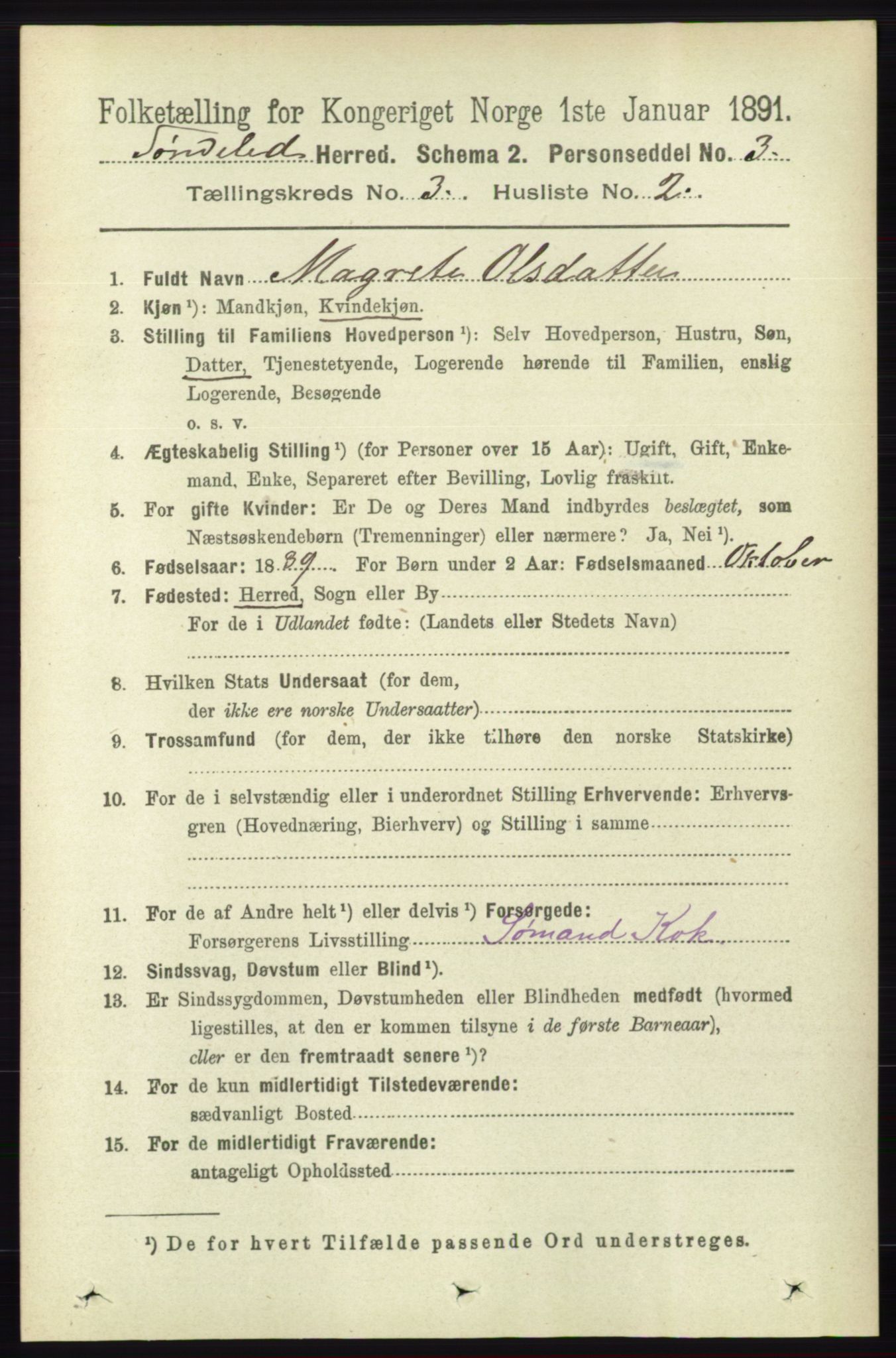 RA, 1891 census for 0913 Søndeled, 1891, p. 609