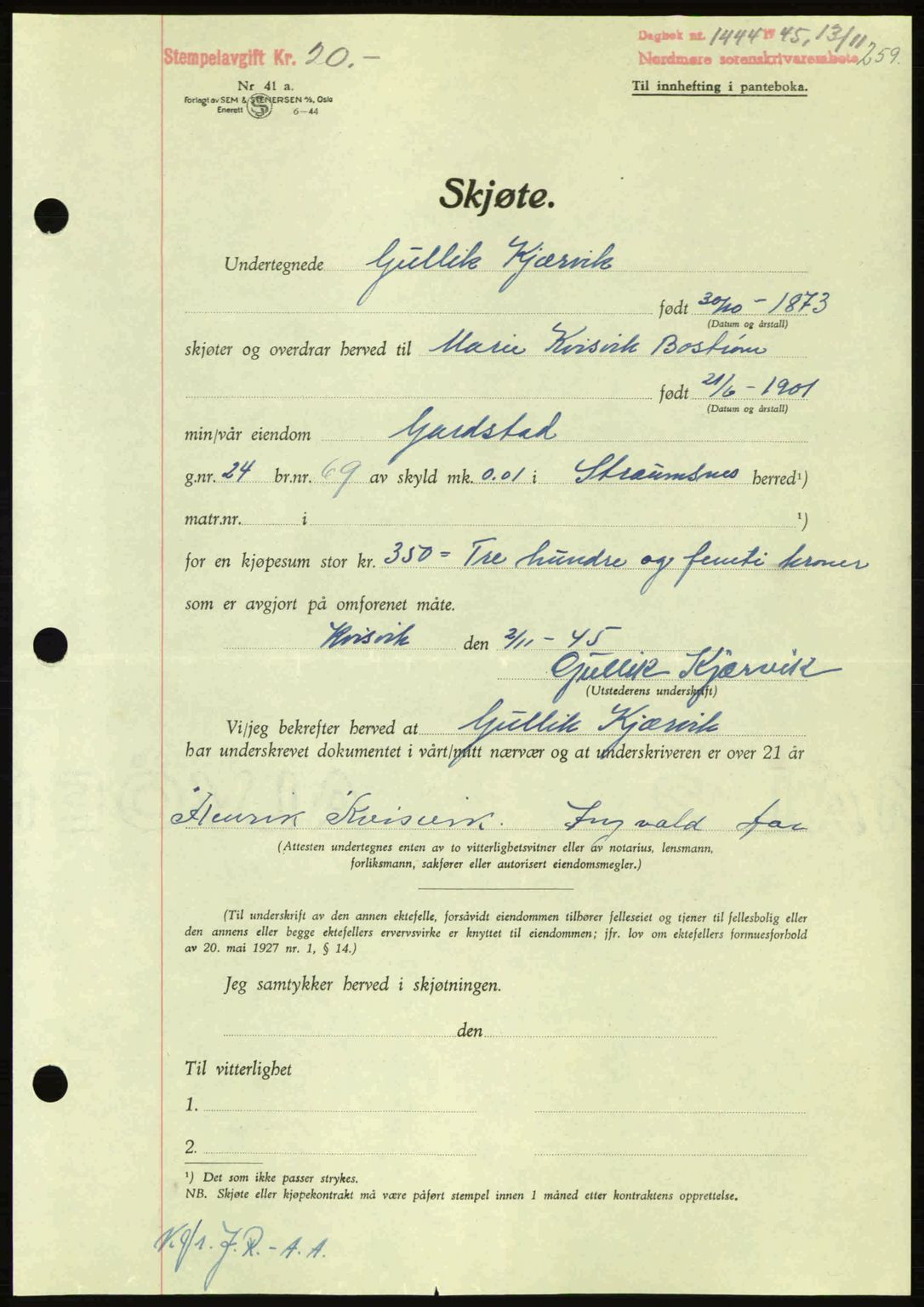 Nordmøre sorenskriveri, AV/SAT-A-4132/1/2/2Ca: Mortgage book no. A100a, 1945-1945, Diary no: : 1444/1945