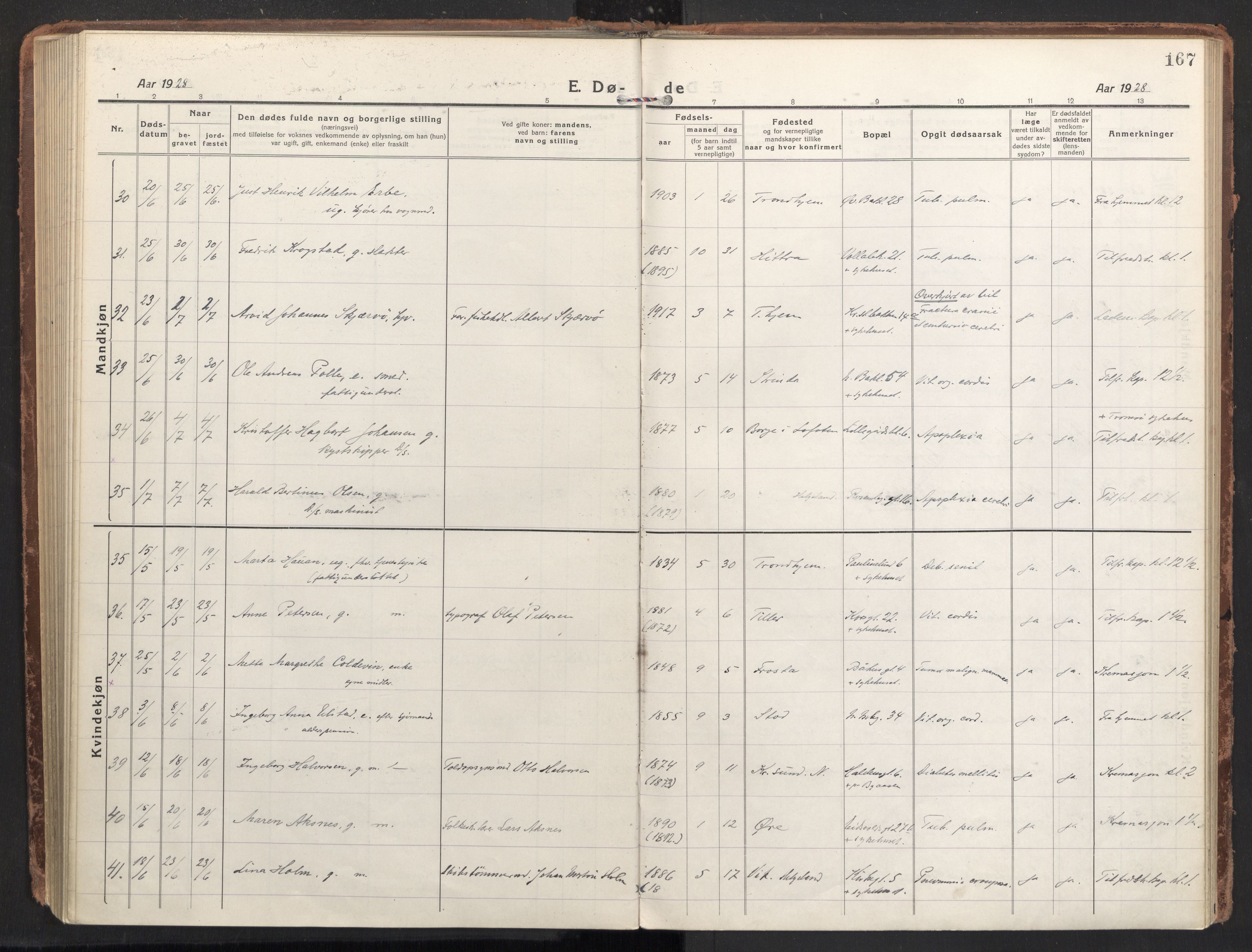 Ministerialprotokoller, klokkerbøker og fødselsregistre - Sør-Trøndelag, AV/SAT-A-1456/604/L0207: Parish register (official) no. 604A27, 1917-1933, p. 167