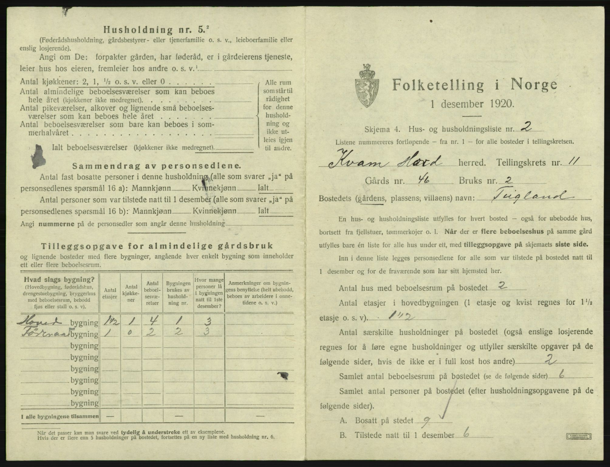 SAB, 1920 census for Kvam, 1920, p. 962