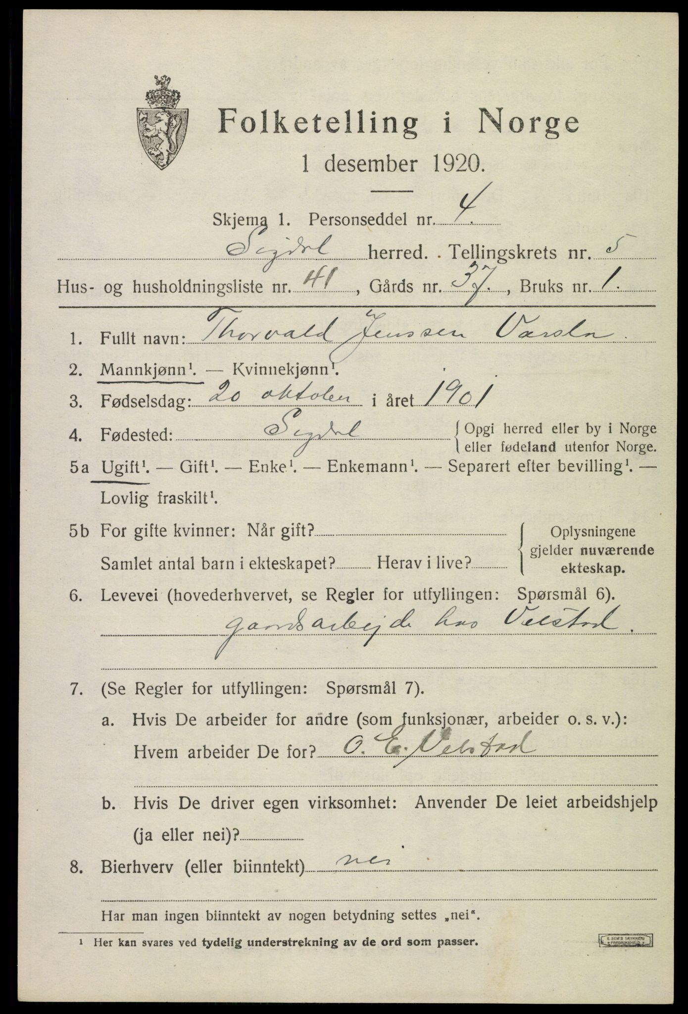 SAKO, 1920 census for Sigdal, 1920, p. 4252