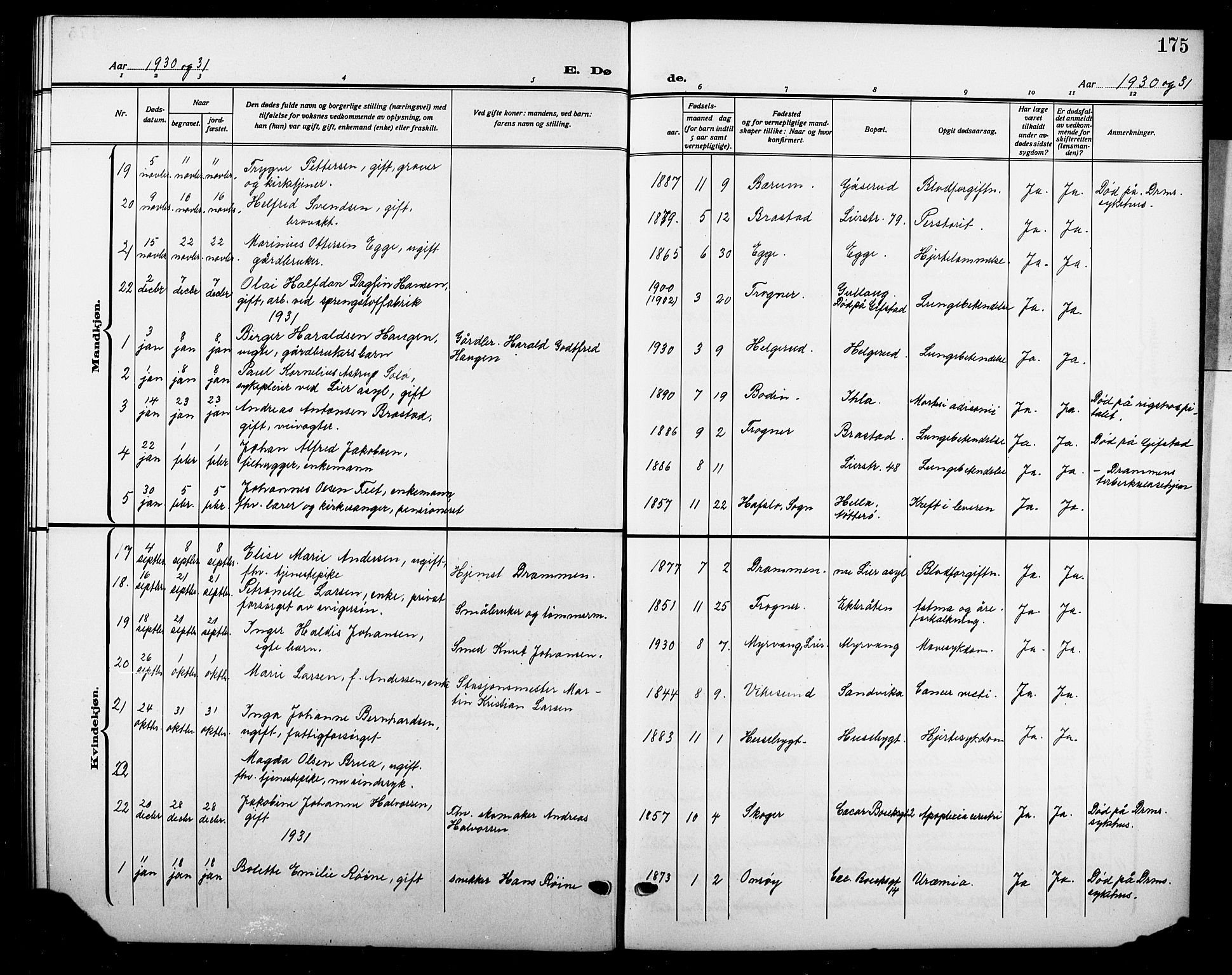 Lier kirkebøker, AV/SAKO-A-230/G/Gb/L0004: Parish register (copy) no. II 4, 1920-1932, p. 175