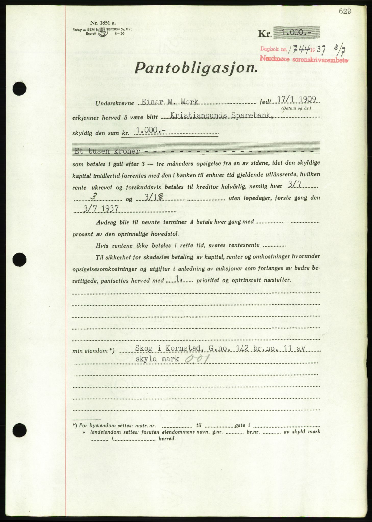 Nordmøre sorenskriveri, AV/SAT-A-4132/1/2/2Ca/L0091: Mortgage book no. B81, 1937-1937, Diary no: : 1744/1937