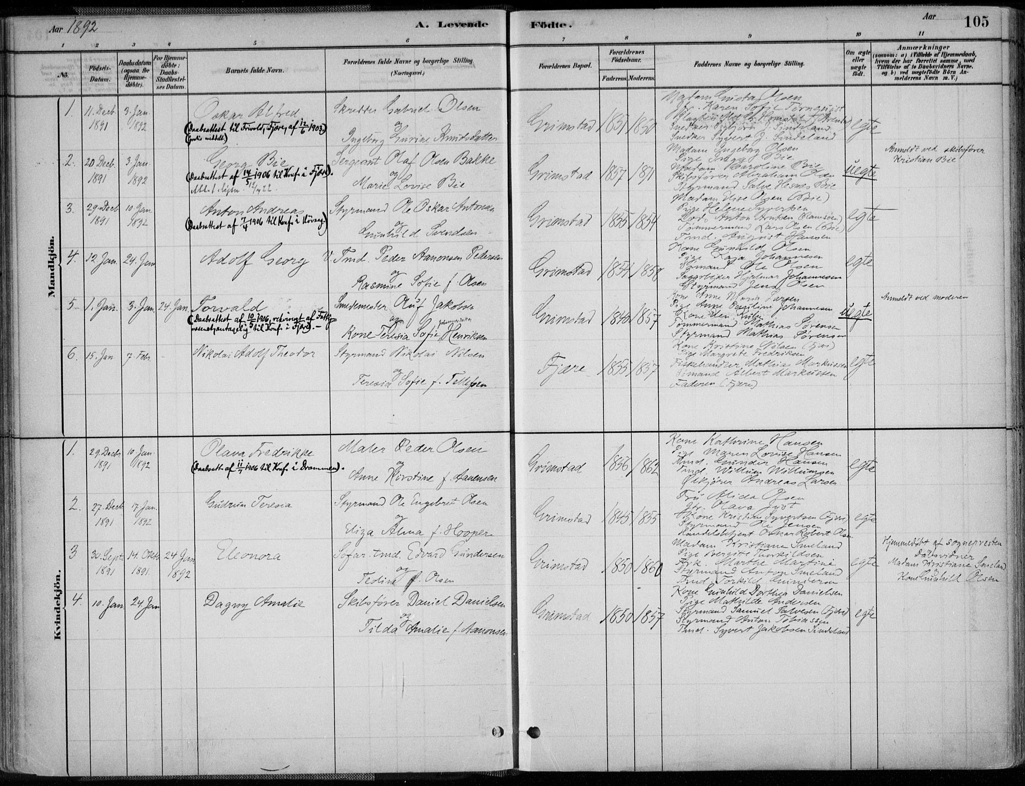 Grimstad sokneprestkontor, SAK/1111-0017/F/Fa/L0003: Parish register (official) no. A 2, 1882-1912, p. 105