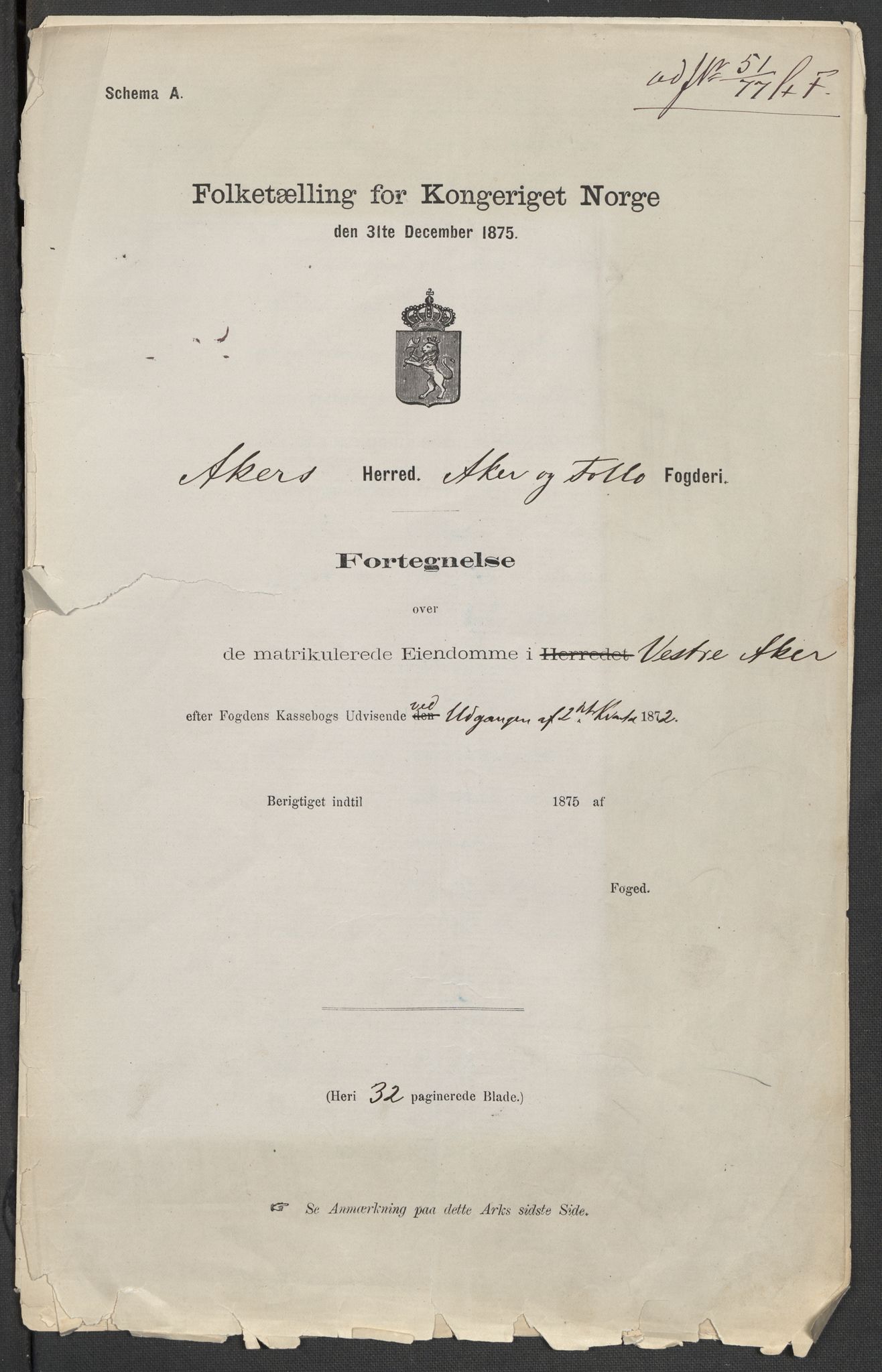 RA, 1875 census for 0218aP Vestre Aker, 1875, p. 1