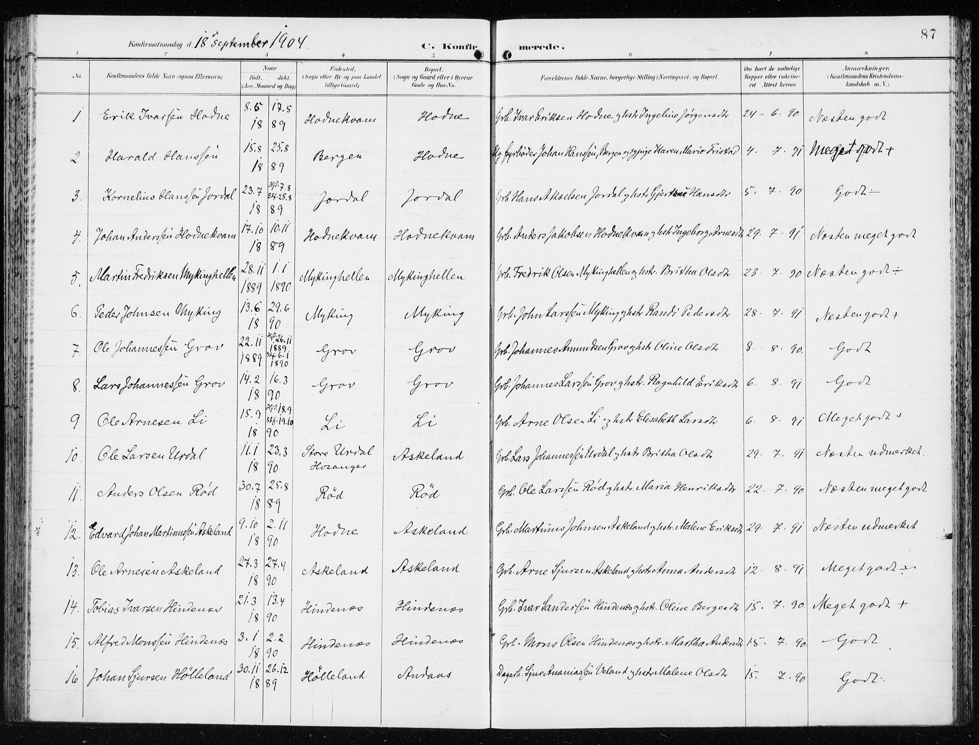 Lindås Sokneprestembete, AV/SAB-A-76701/H/Haa/Haaf/L0002: Parish register (official) no. F  2, 1897-1909, p. 87