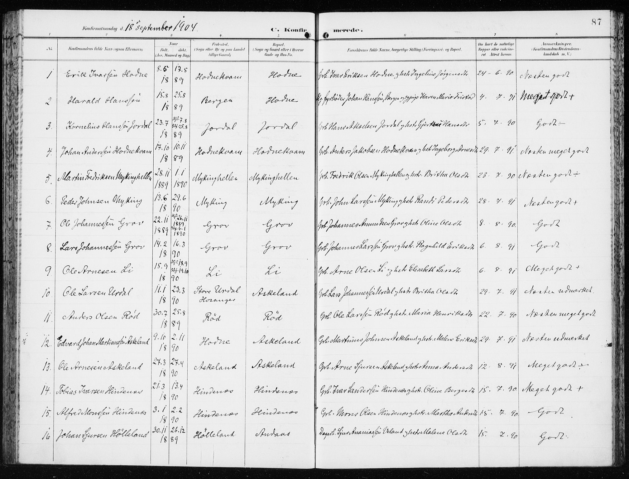 Lindås Sokneprestembete, SAB/A-76701/H/Haa: Parish register (official) no. F  2, 1897-1909, p. 87