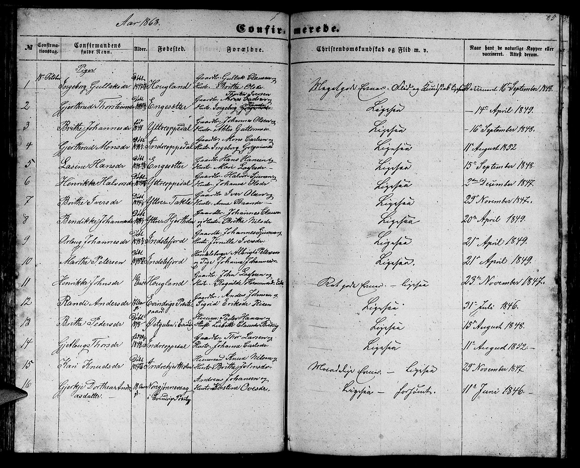 Gulen sokneprestembete, AV/SAB-A-80201/H/Hab/Habc/L0001: Parish register (copy) no. C 1, 1853-1880, p. 85