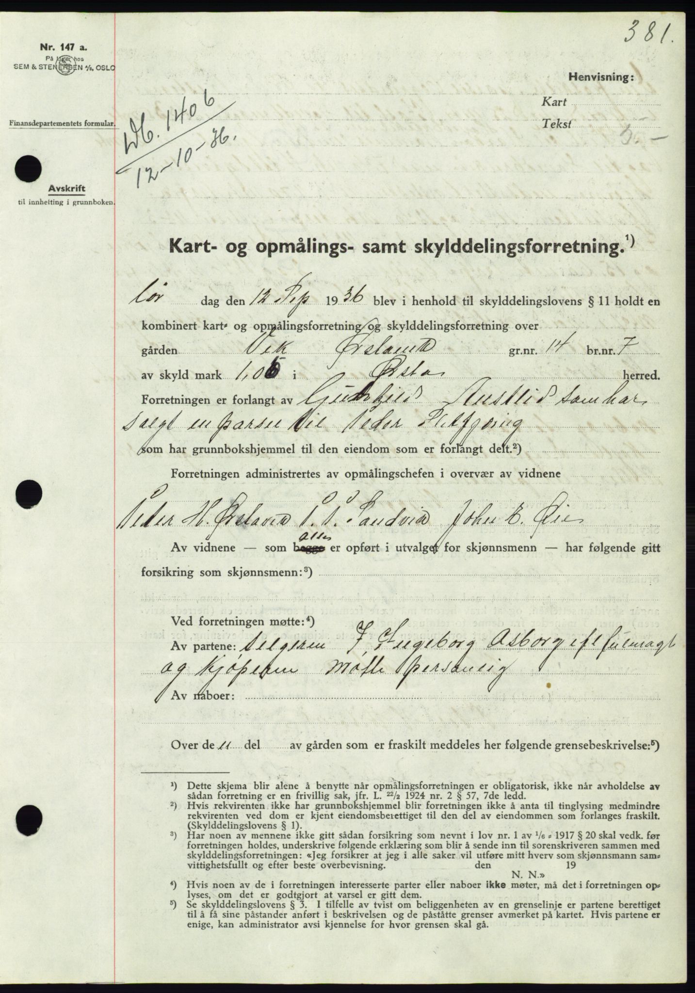 Søre Sunnmøre sorenskriveri, AV/SAT-A-4122/1/2/2C/L0061: Mortgage book no. 55, 1936-1936, Diary no: : 1406/1936