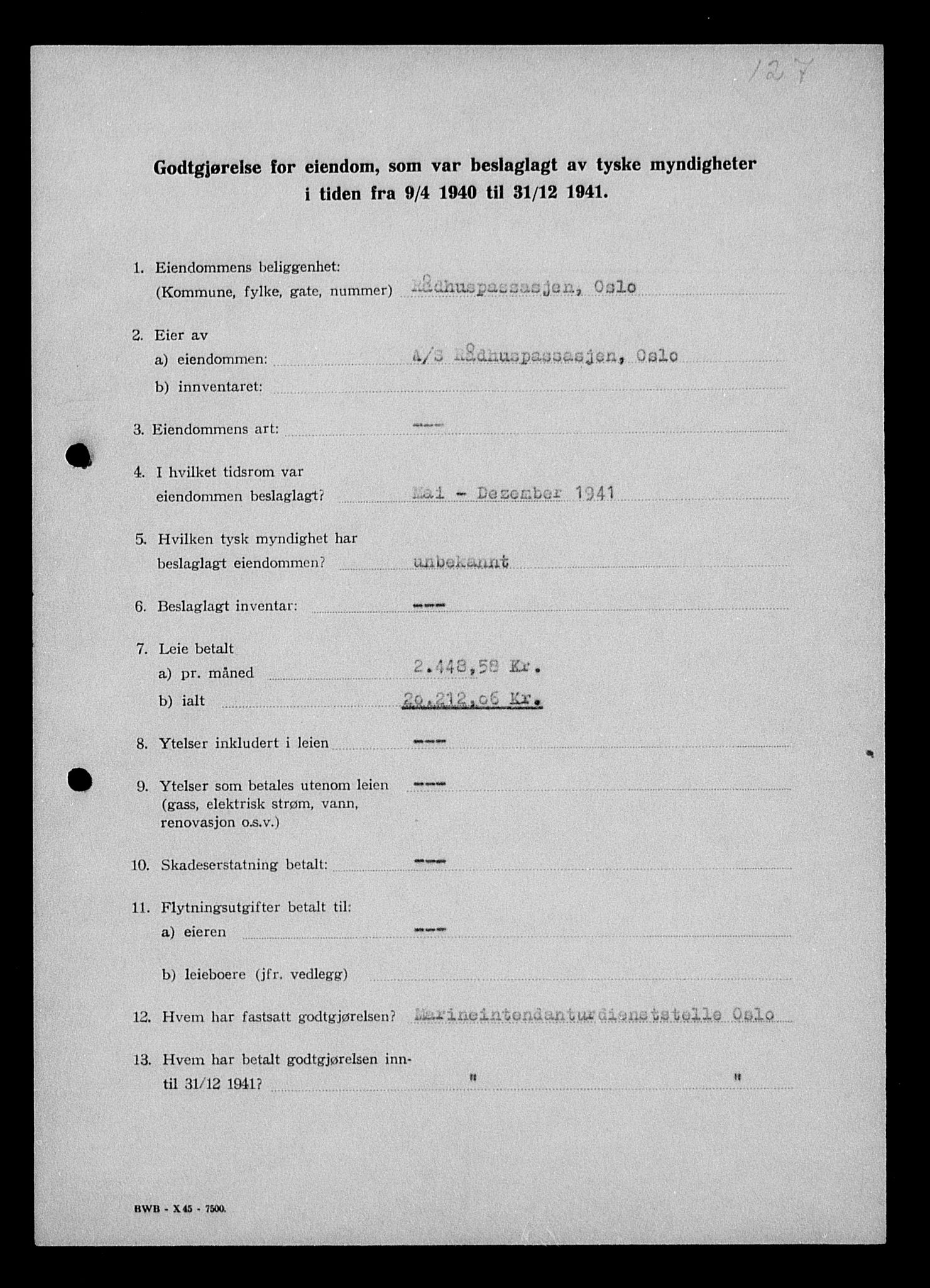 Justisdepartementet, Tilbakeføringskontoret for inndratte formuer, RA/S-1564/I/L1011: Godtgjørelse for beslaglagt eiendom, 1940-1941, p. 518