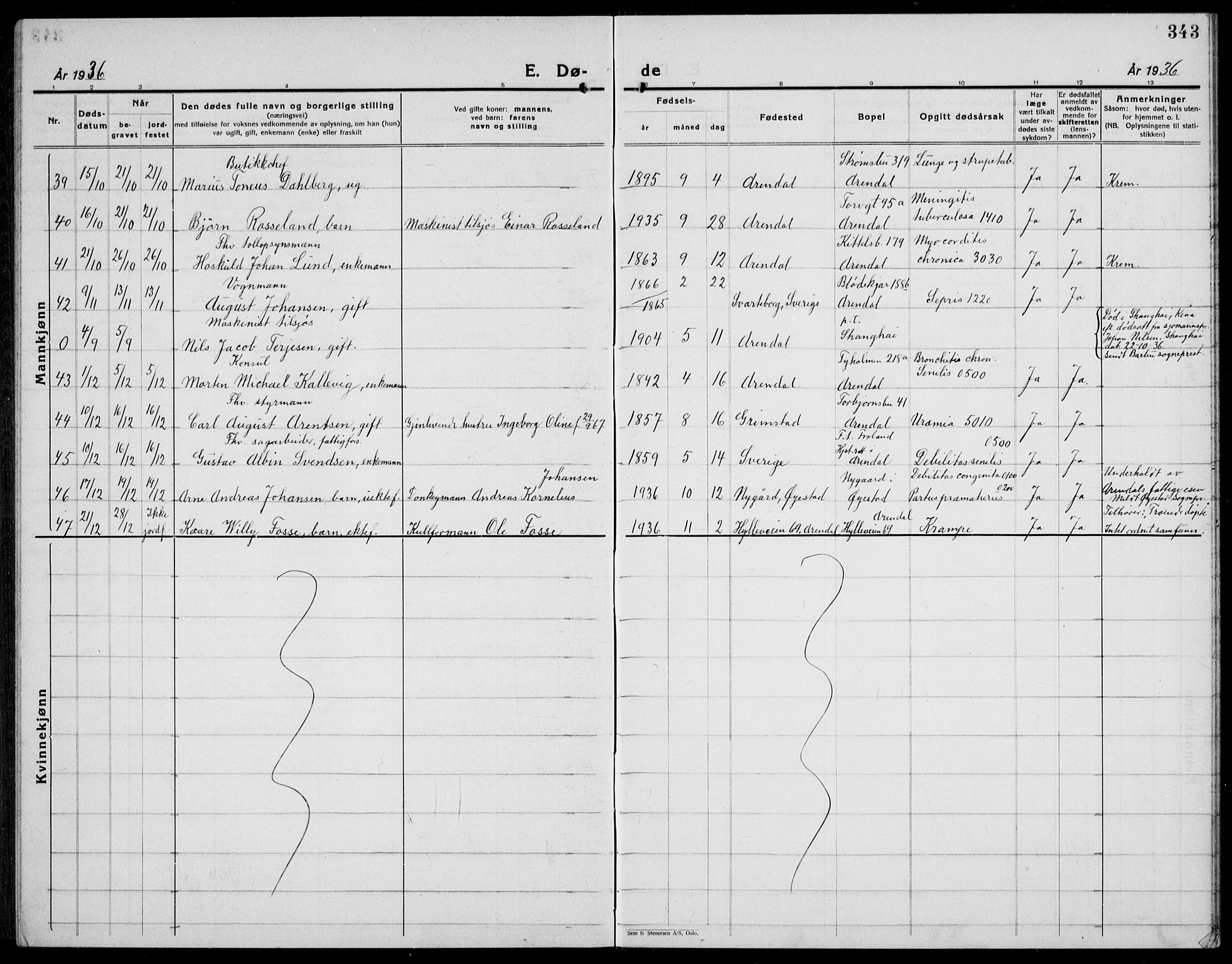 Arendal sokneprestkontor, Trefoldighet, AV/SAK-1111-0040/F/Fb/L0008: Parish register (copy) no. B 8, 1928-1939, p. 343