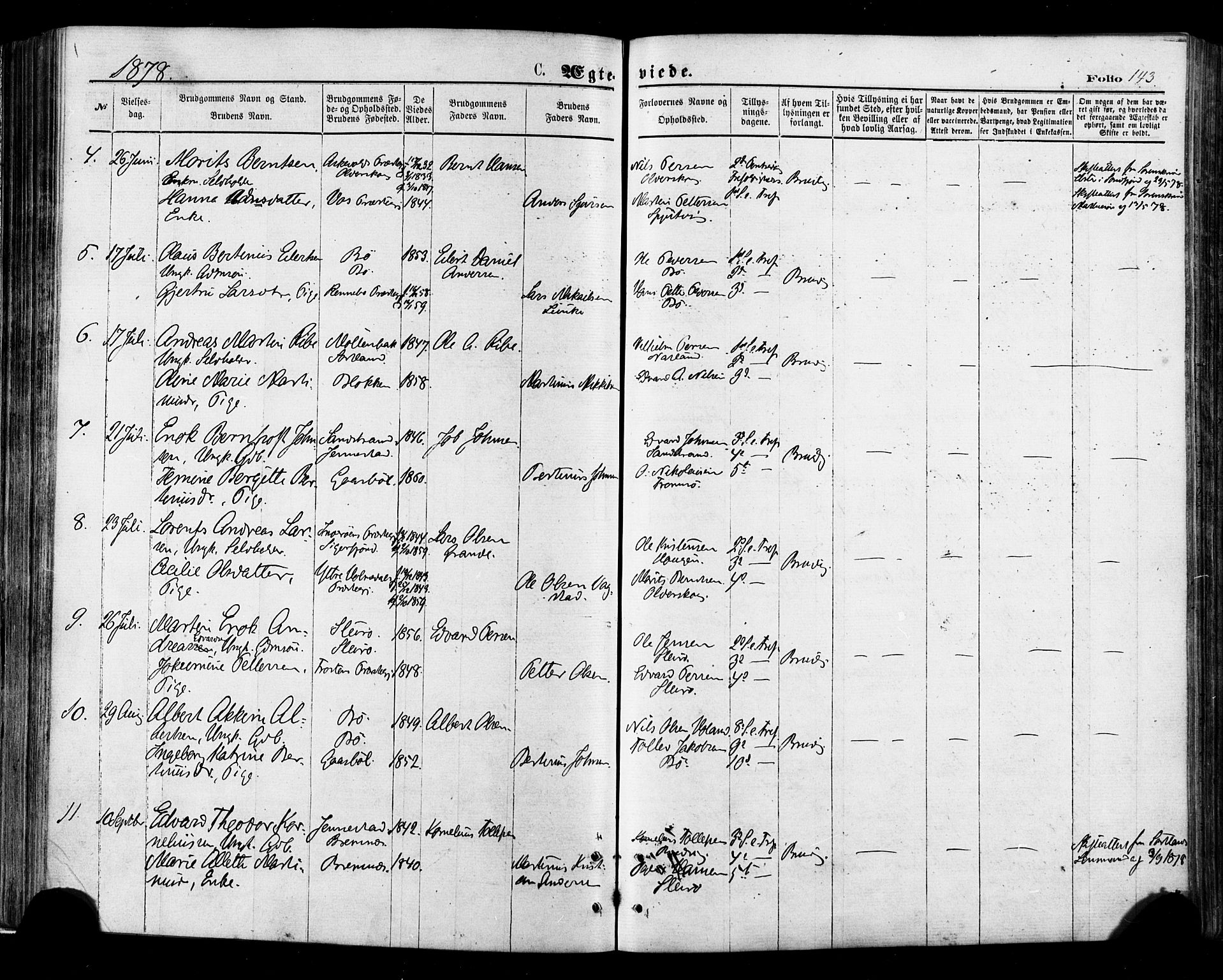 Ministerialprotokoller, klokkerbøker og fødselsregistre - Nordland, AV/SAT-A-1459/895/L1370: Parish register (official) no. 895A05, 1873-1884, p. 143